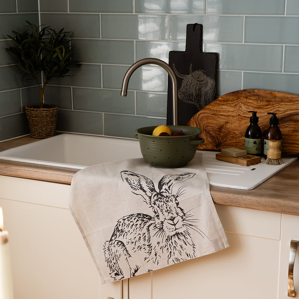 Hare Side Profile Linen Tea Towel
