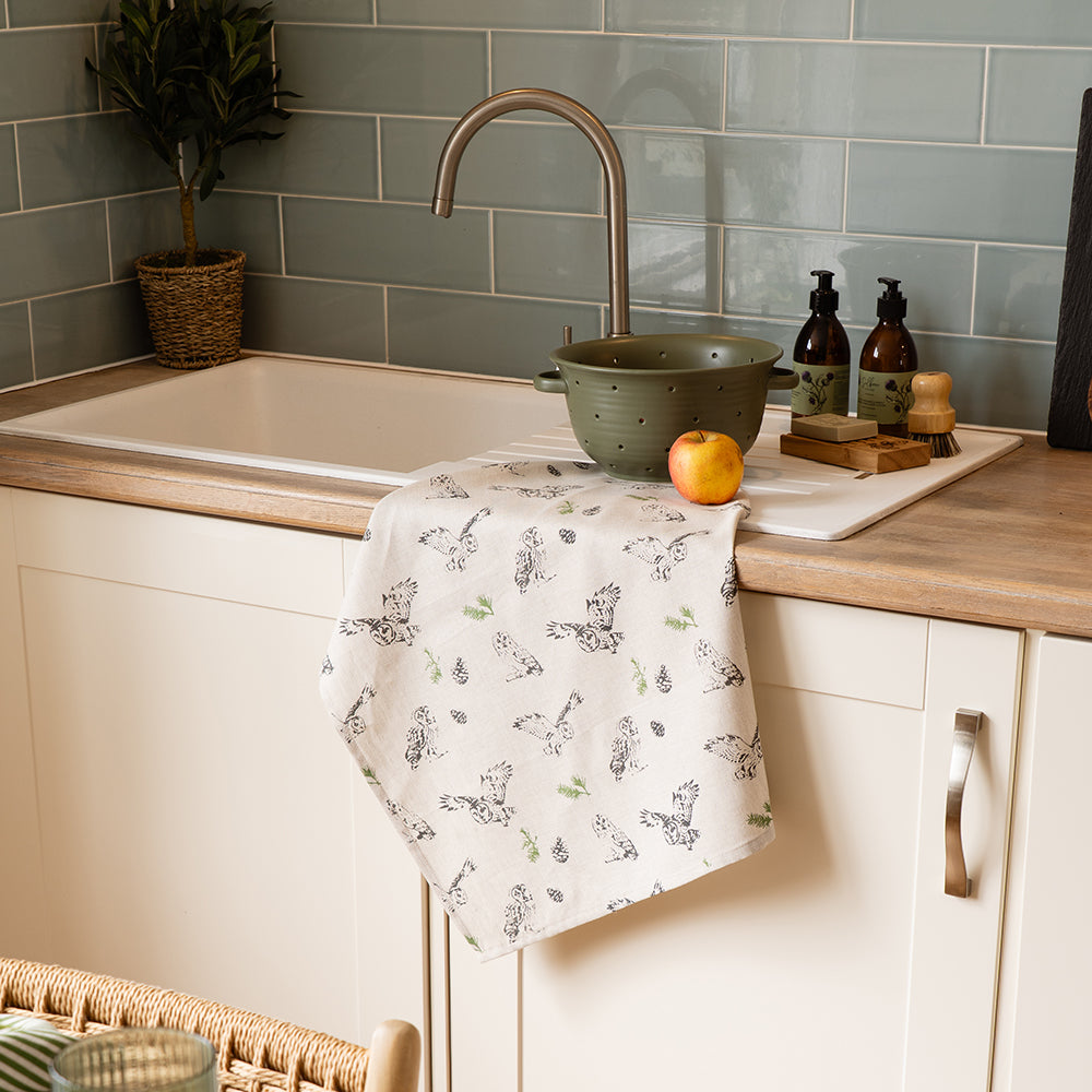 Tawny Owl Repeat Linen Tea Towel