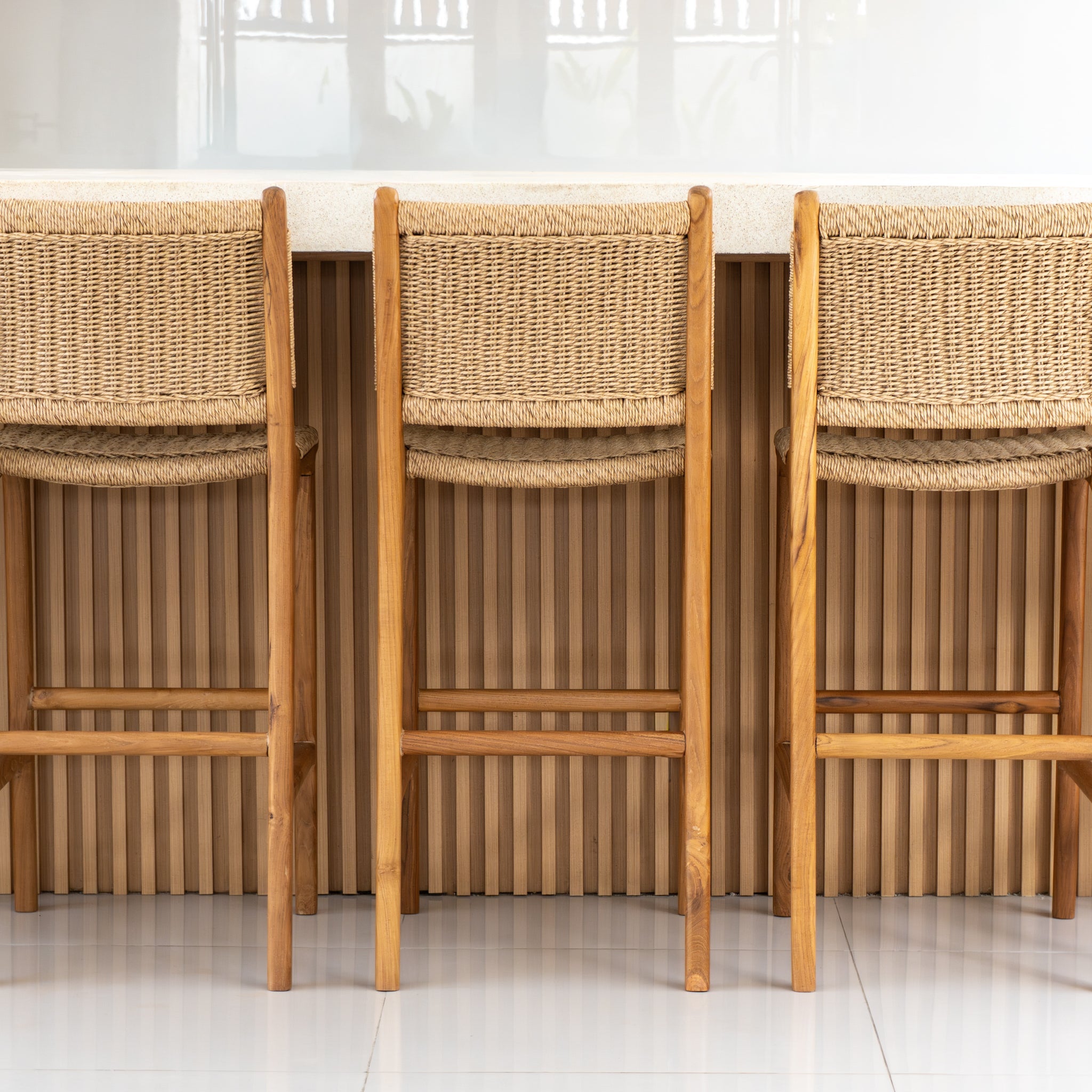 Zara Teak and Rattan Bar Stool With Armrest