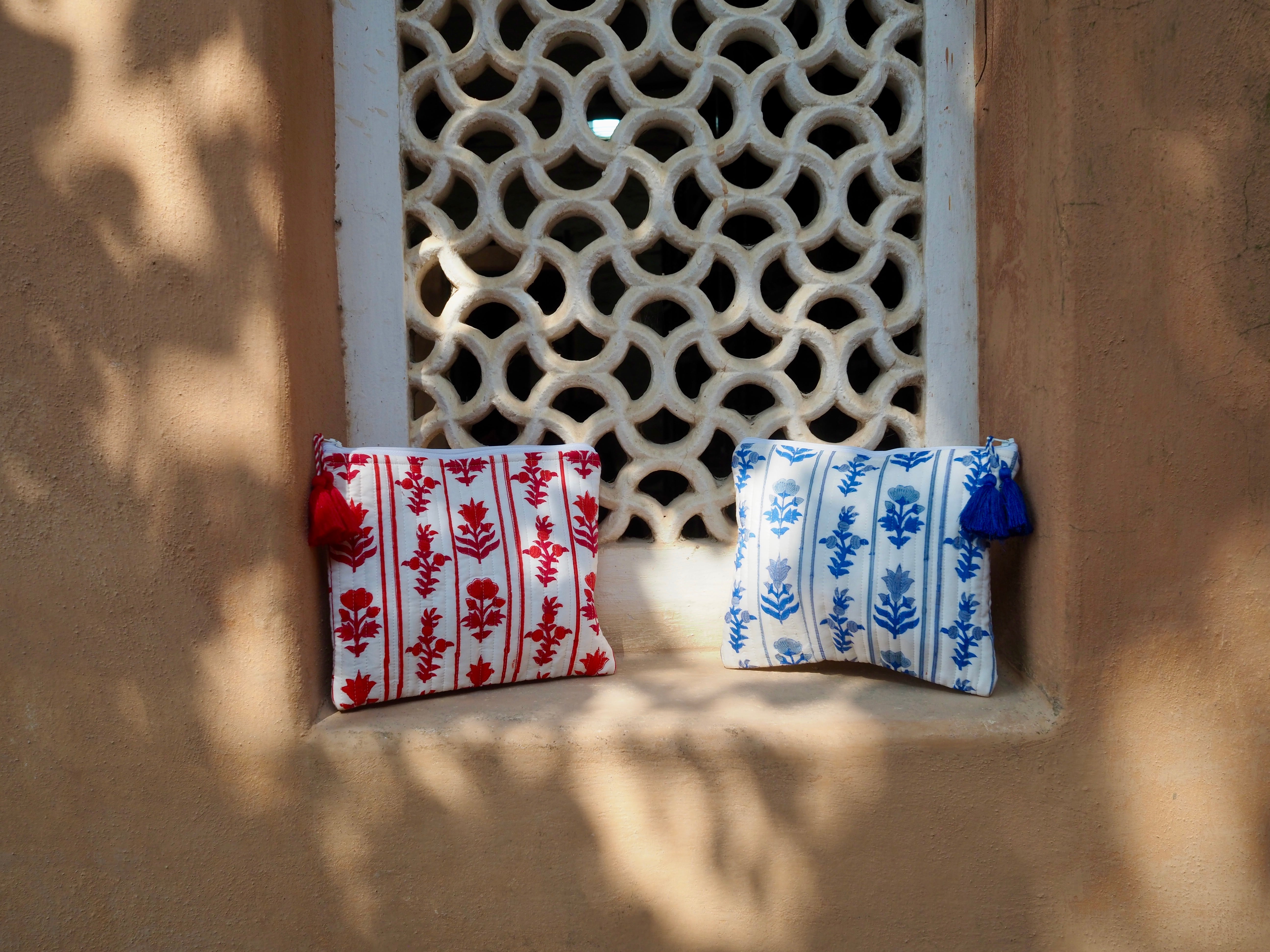 Blue Block Print Cosmetic Bag