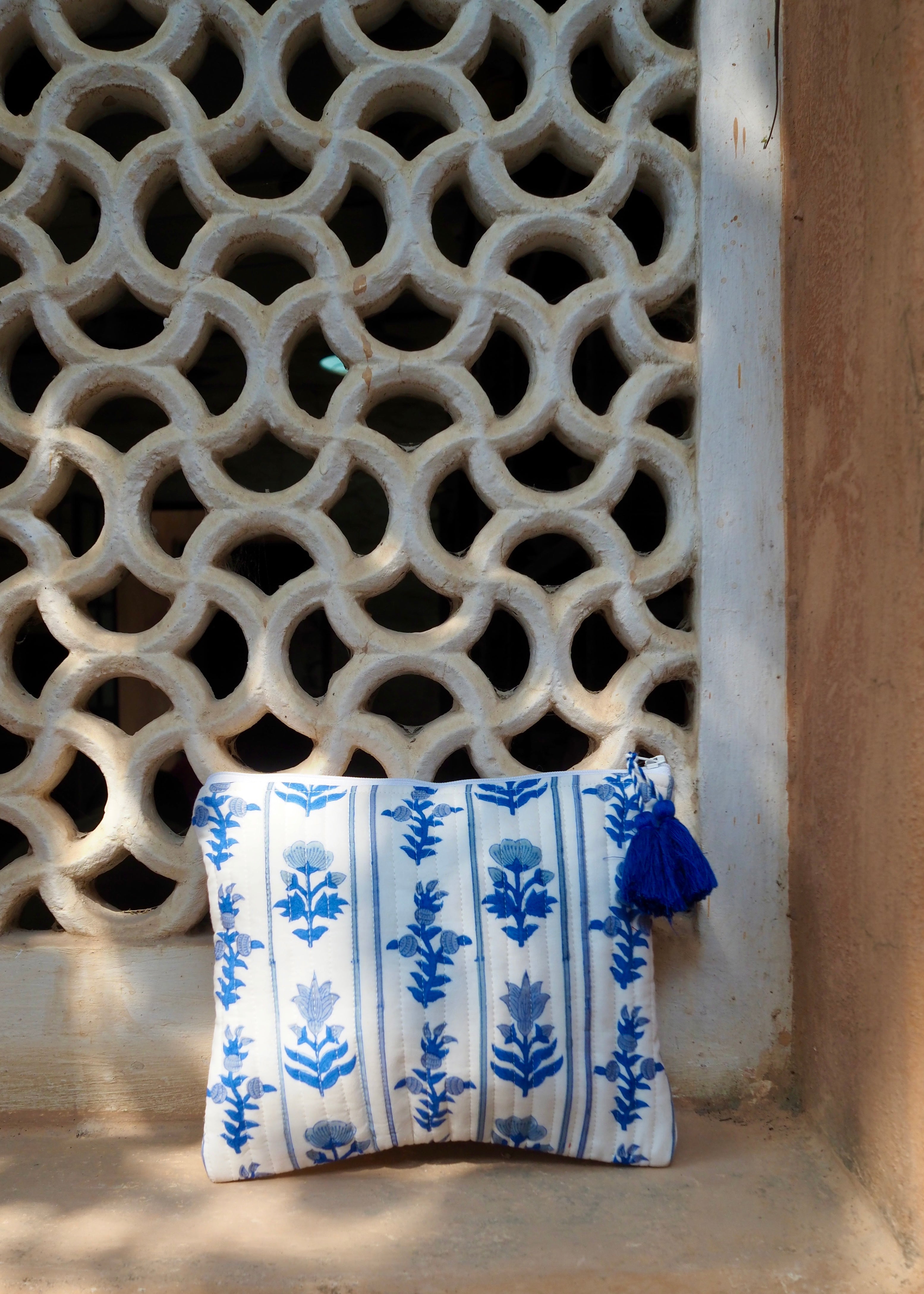 Blue Block Print Cosmetic Bag