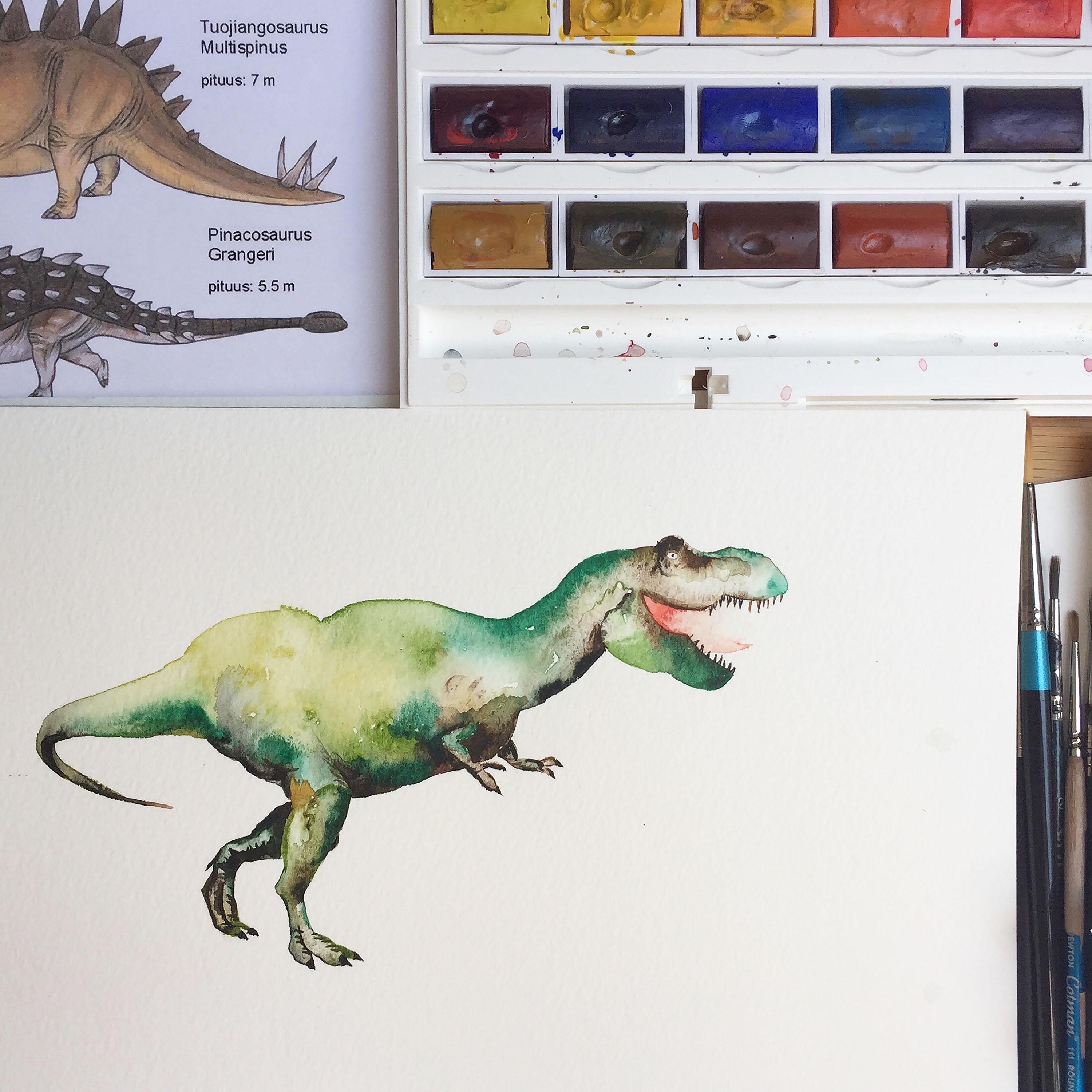 Dinosaur illustration on a white surface with art supplies and colour swatches in the background.