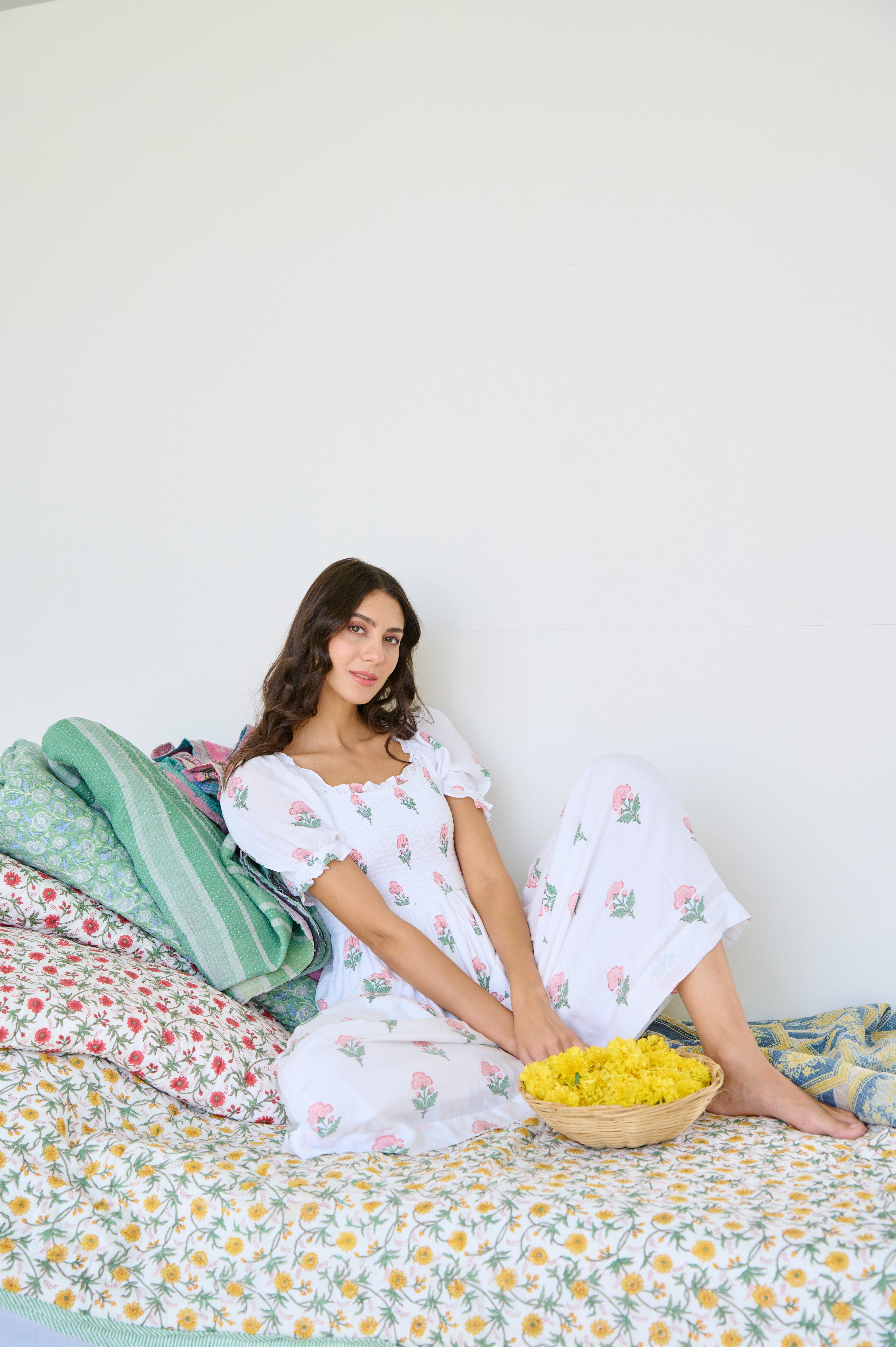 Yellow Floral and Stripe Quilt