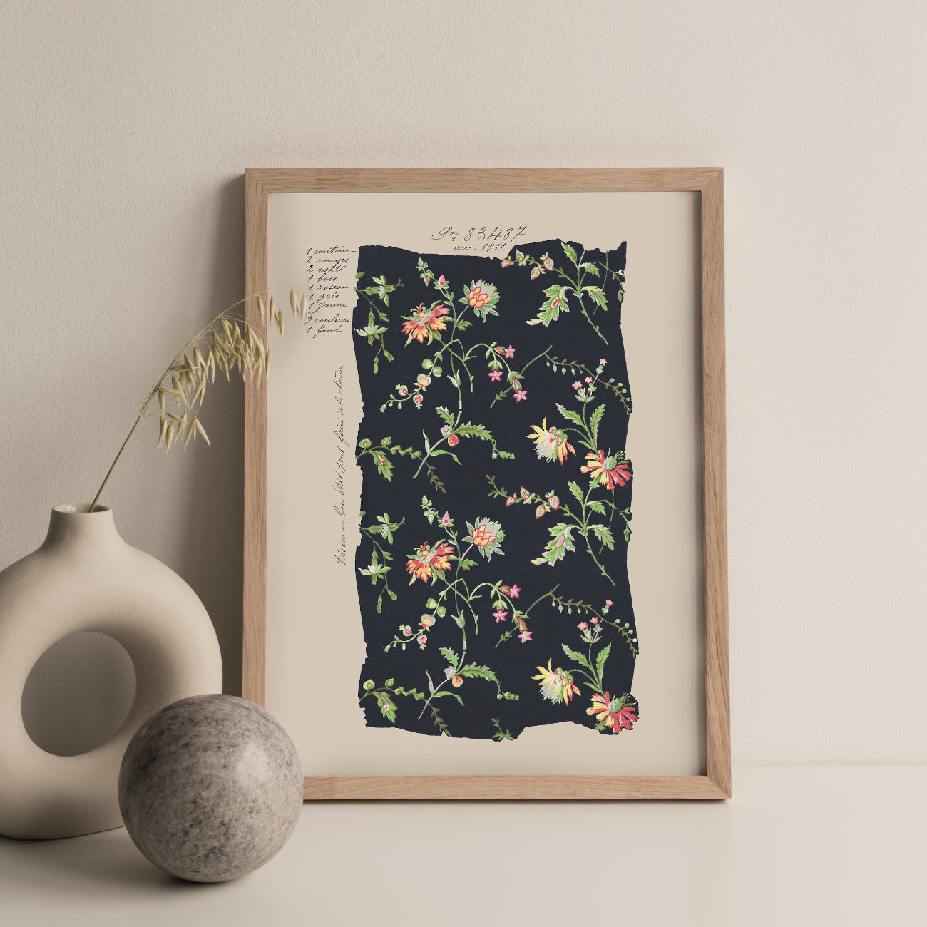 Framed midnight floral artwork on a beige wall with decorative vases.