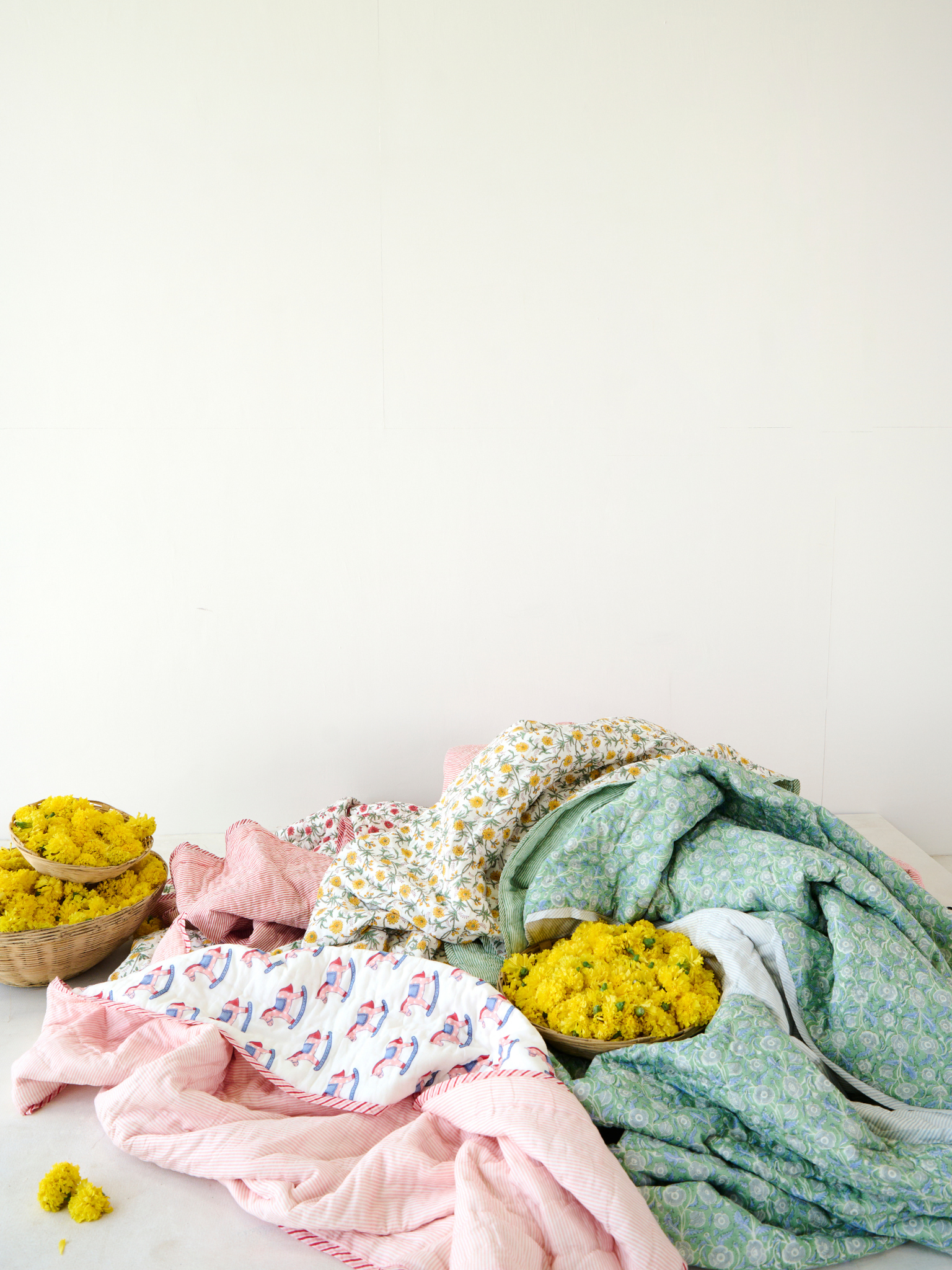 Green Floral and Stripe Bed Quilt