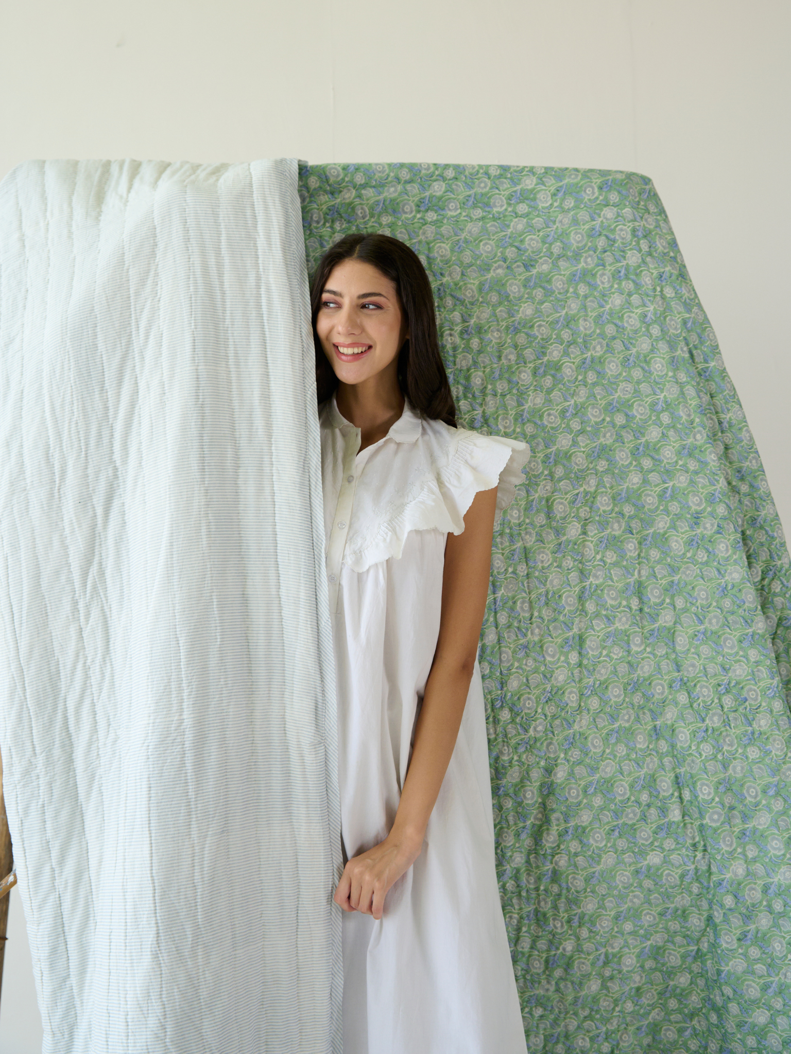Green Floral and Stripe Bed Quilt