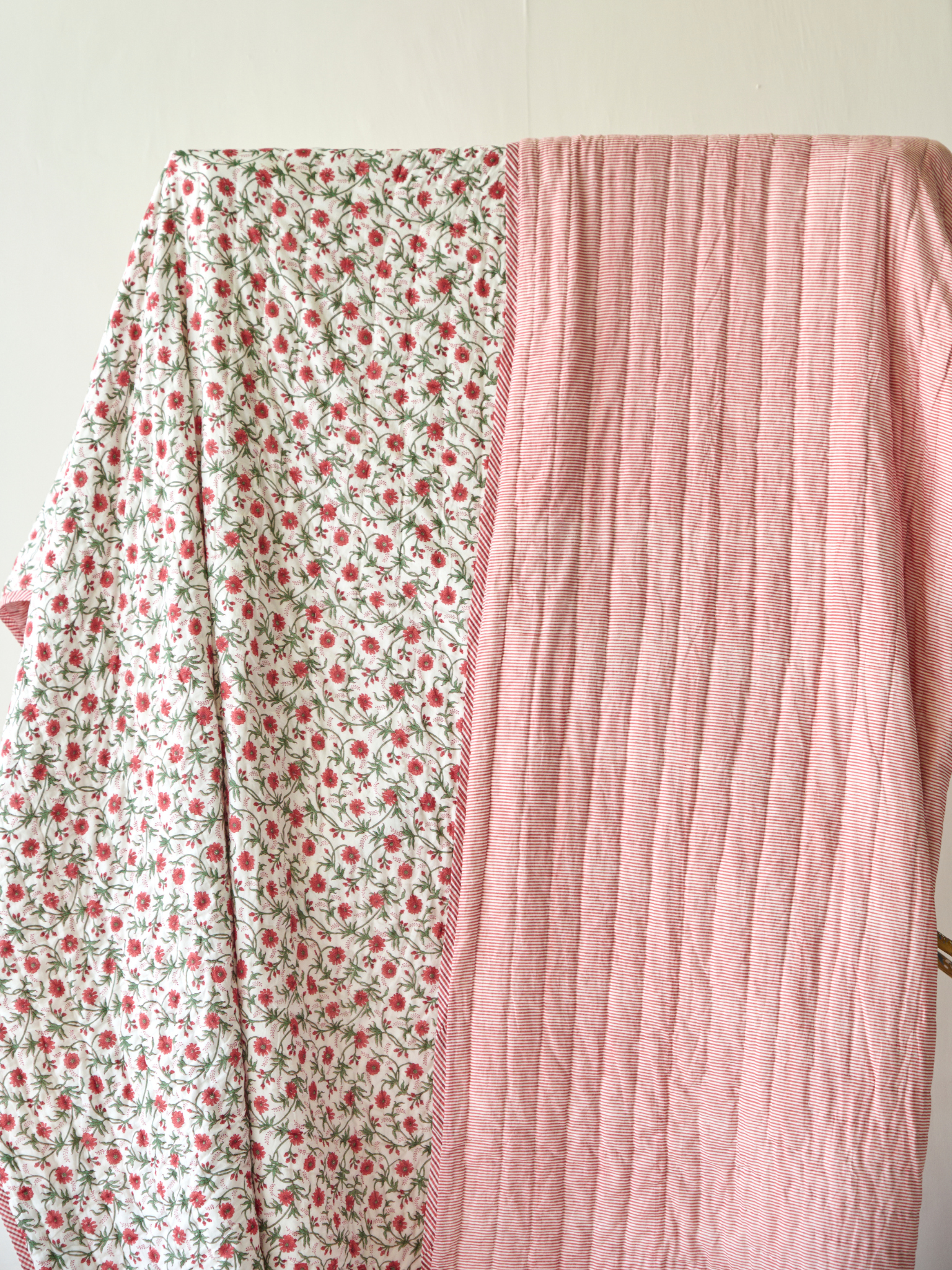 Red Floral and Stripe Bed Quilt