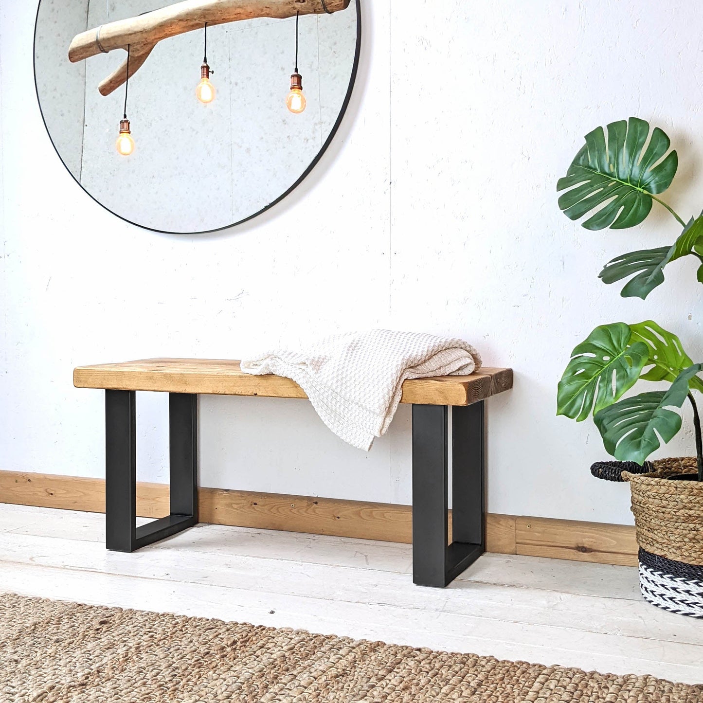 Alt Text: Rustic Hallway Bench with Square Box Leg Design