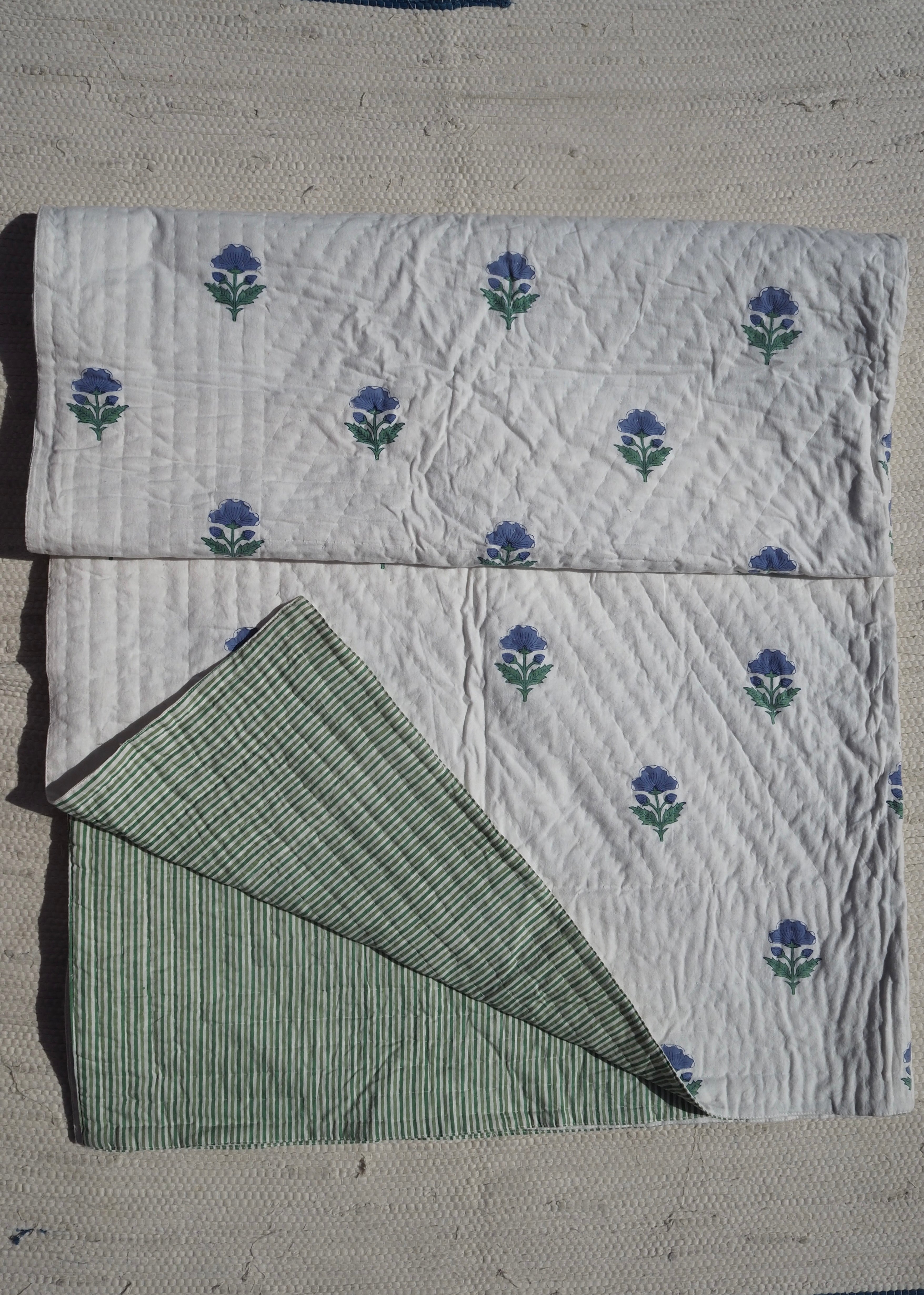 Blue Floral Pique Bed Quilt