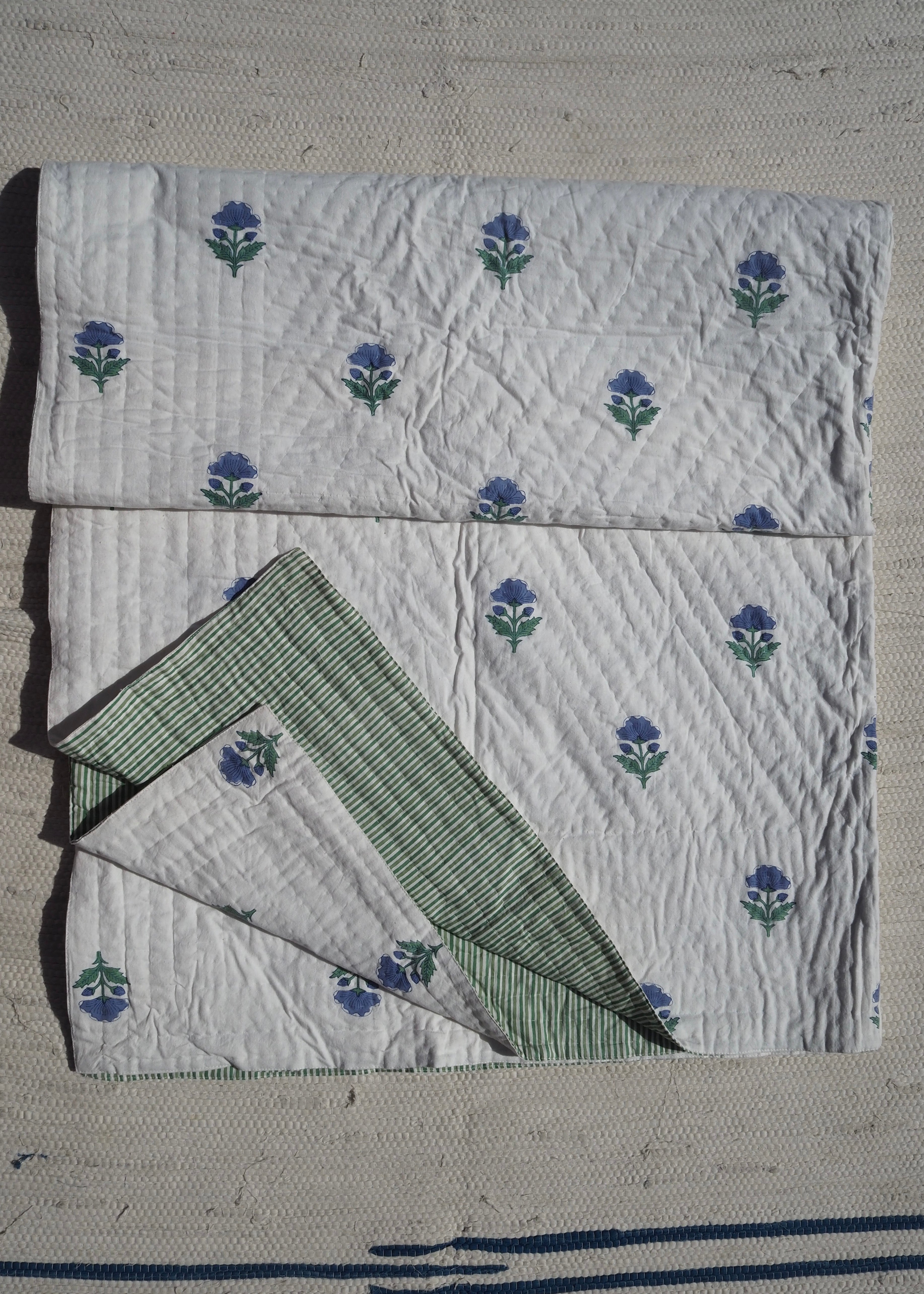 Blue Floral Pique Bed Quilt