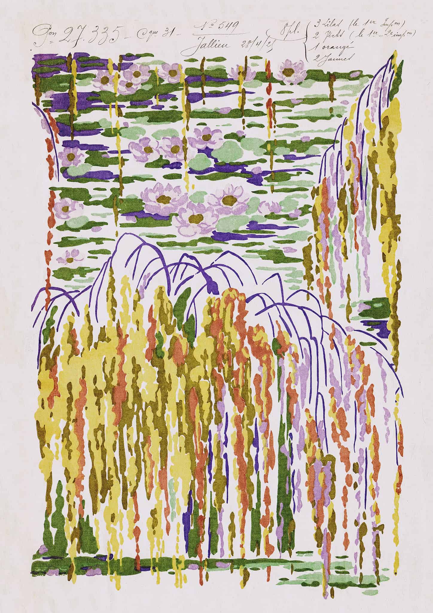 Colorful abstract artwork with willow trees and flowers on a white background