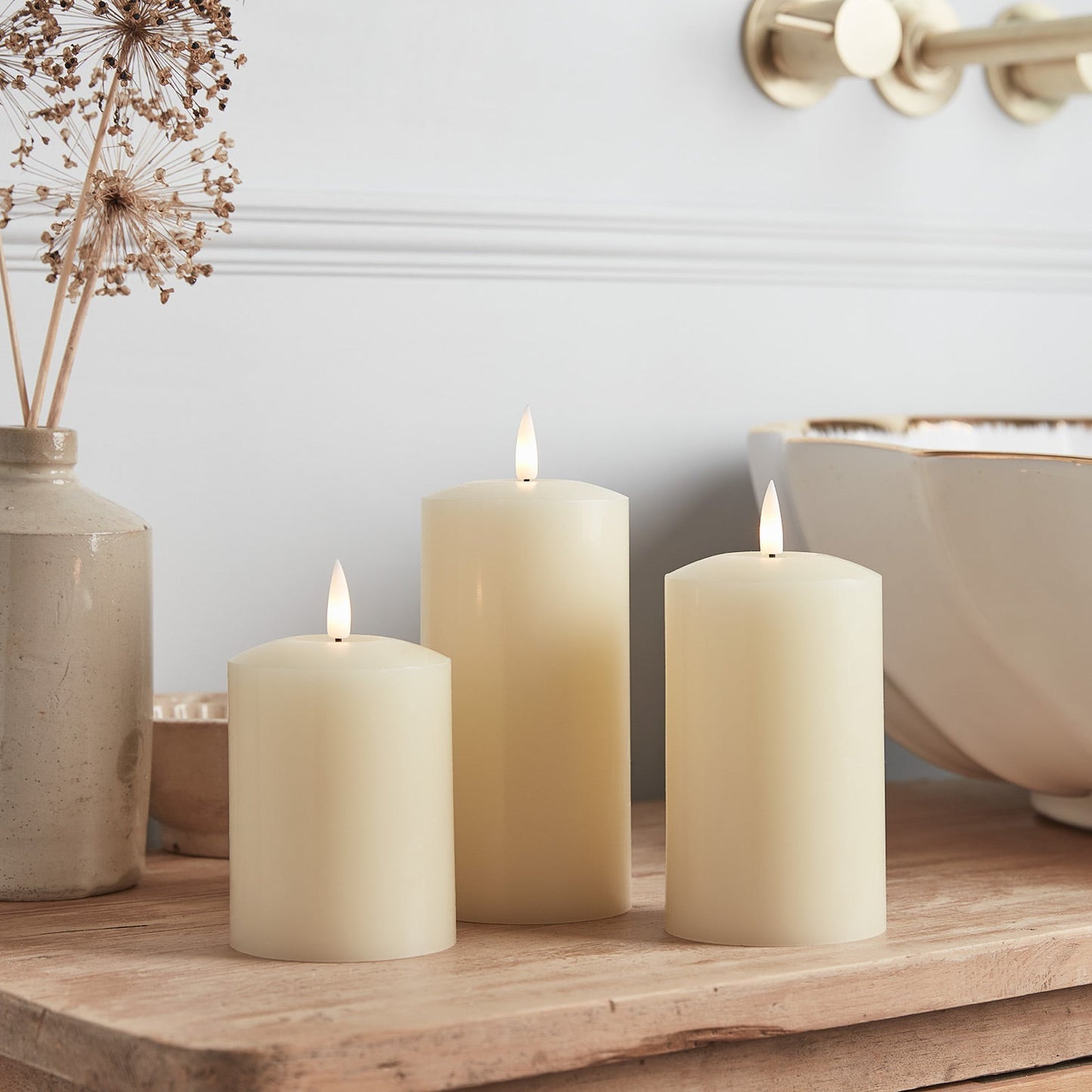 Genuine Ivory Wax Exterior Flickering Flame LED Pillar Candles