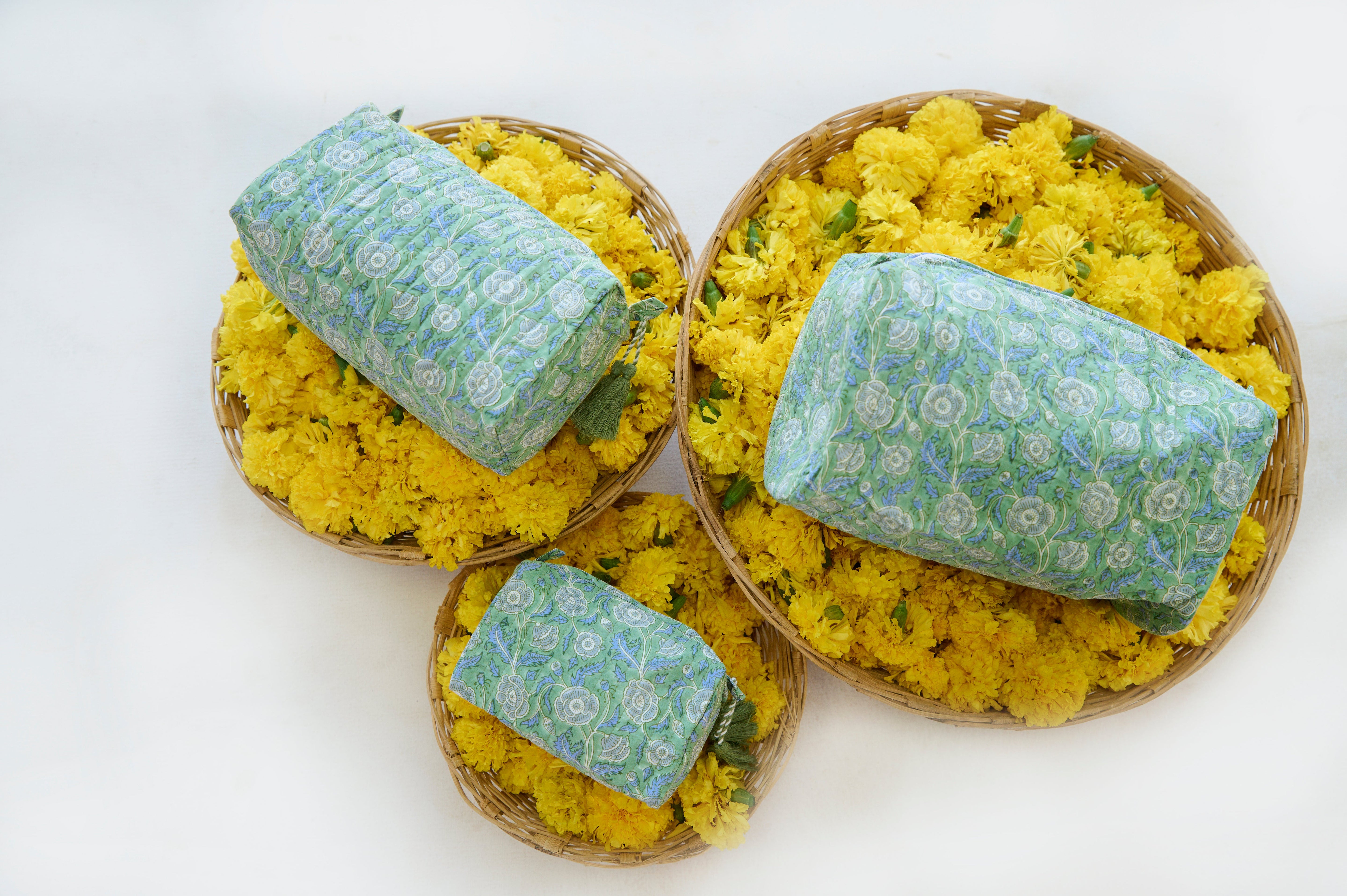 Green Floral Organic Cotton Wash Bag