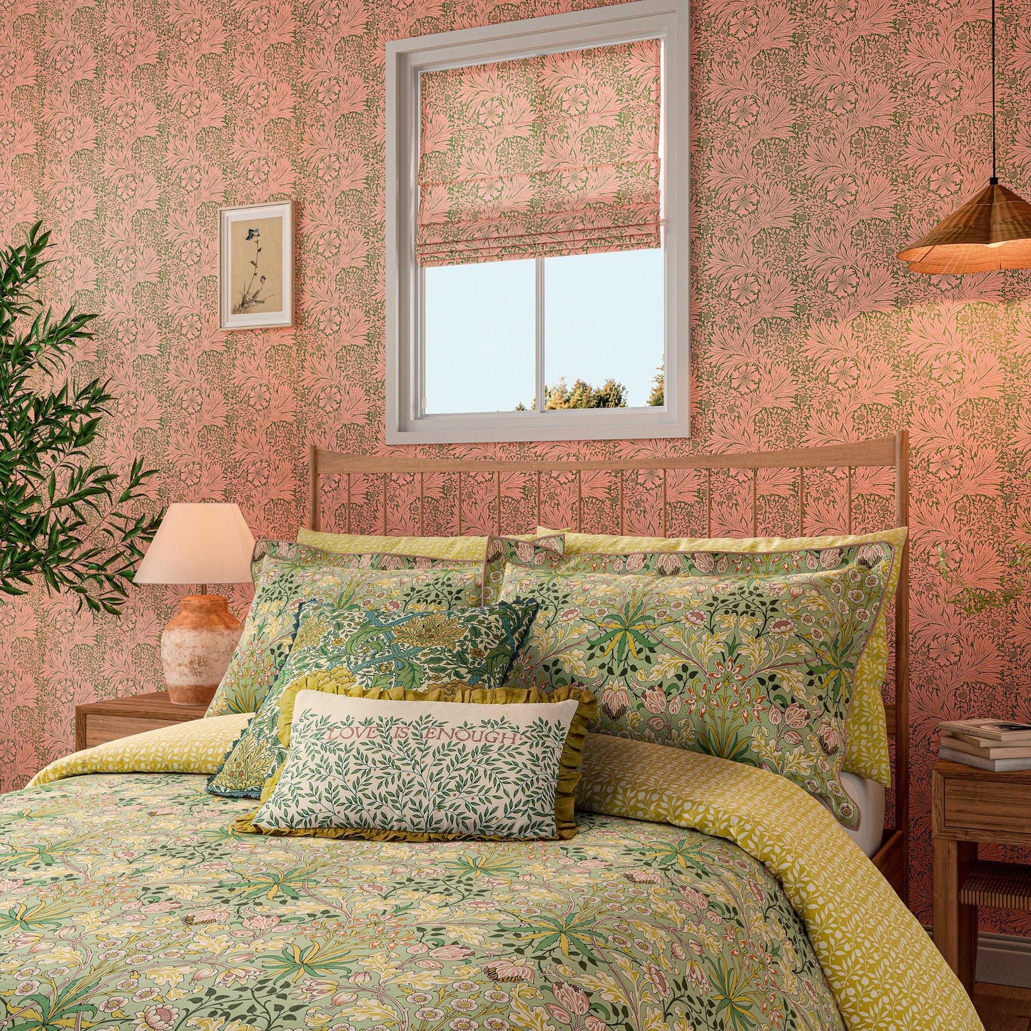 William Morris Hyacinth duvet cover set sage citrus on bed