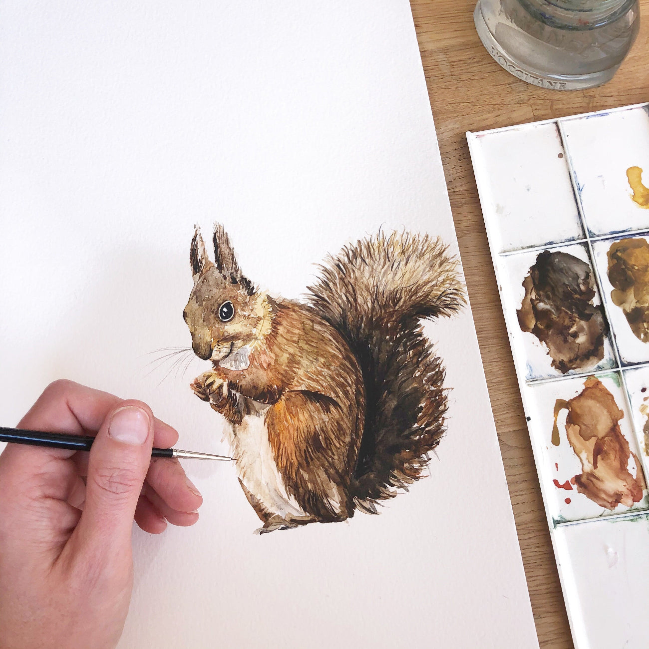 Artistic depiction of a squirrel being painted with watercolors on a white surface.