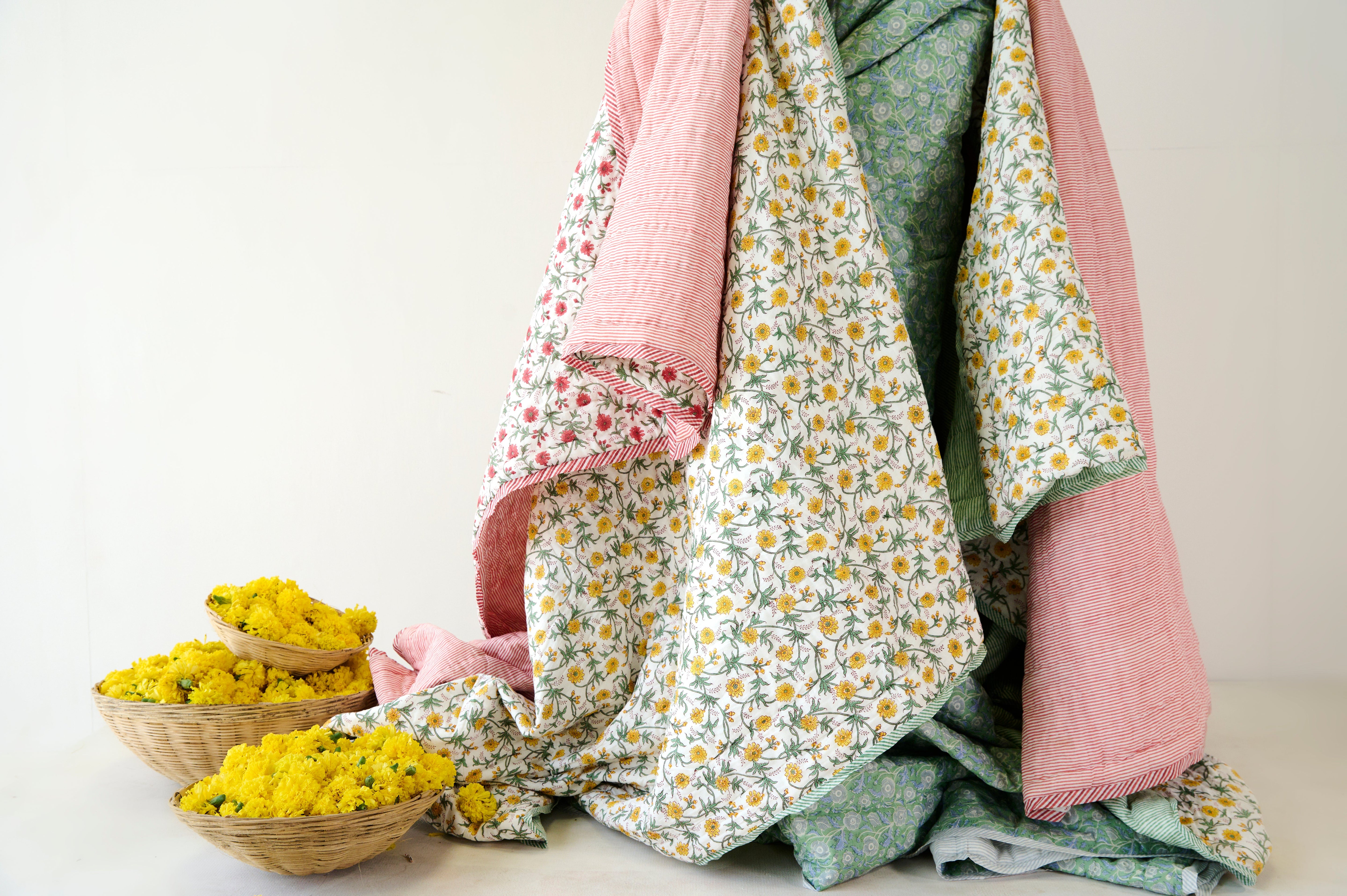 Red Floral and Stripe Bed Quilt