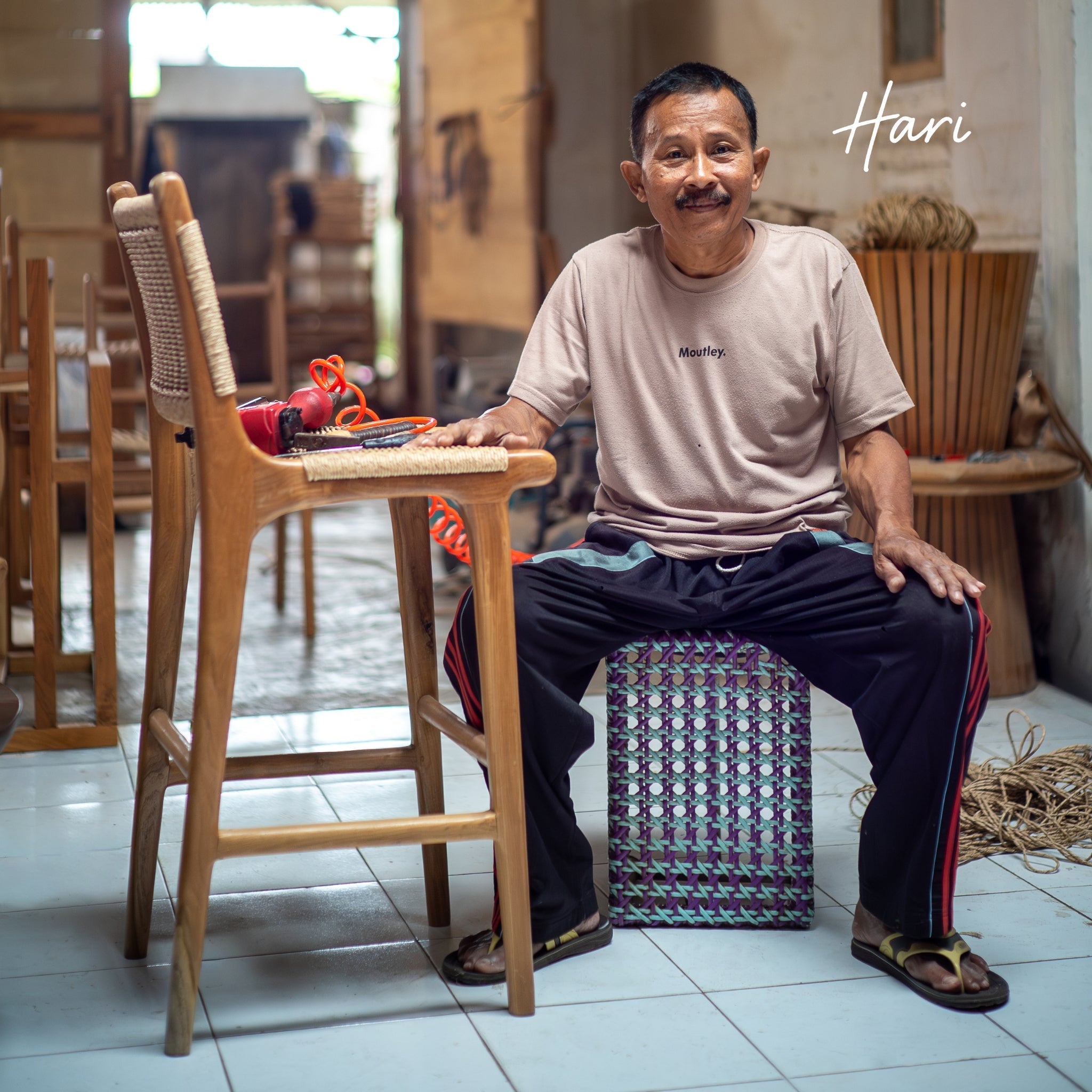 Zara Teak and Rattan Bar Stool With Armrest