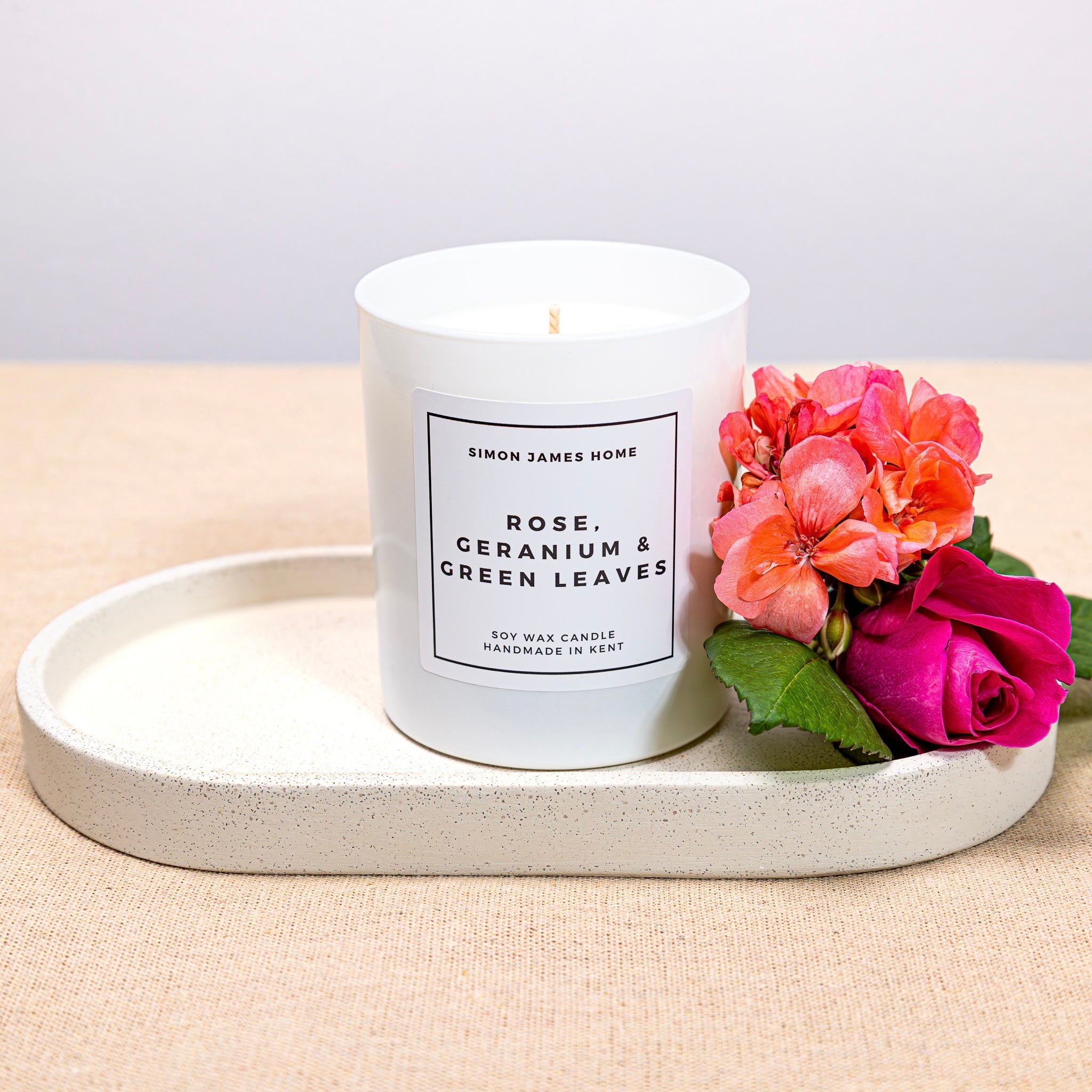 Rose, Geranium and Green Leaves Handmade Soy Wax Candle