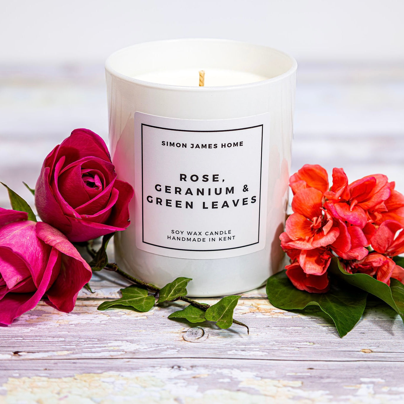 Rose, Geranium and Green Leaves Handmade Soy Wax Candle