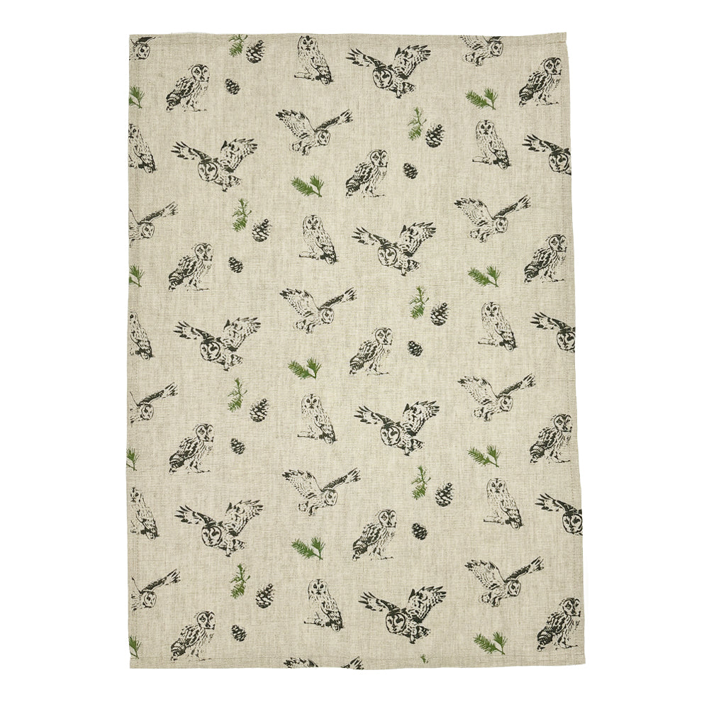 Tawny Owl Repeat Linen Tea Towel