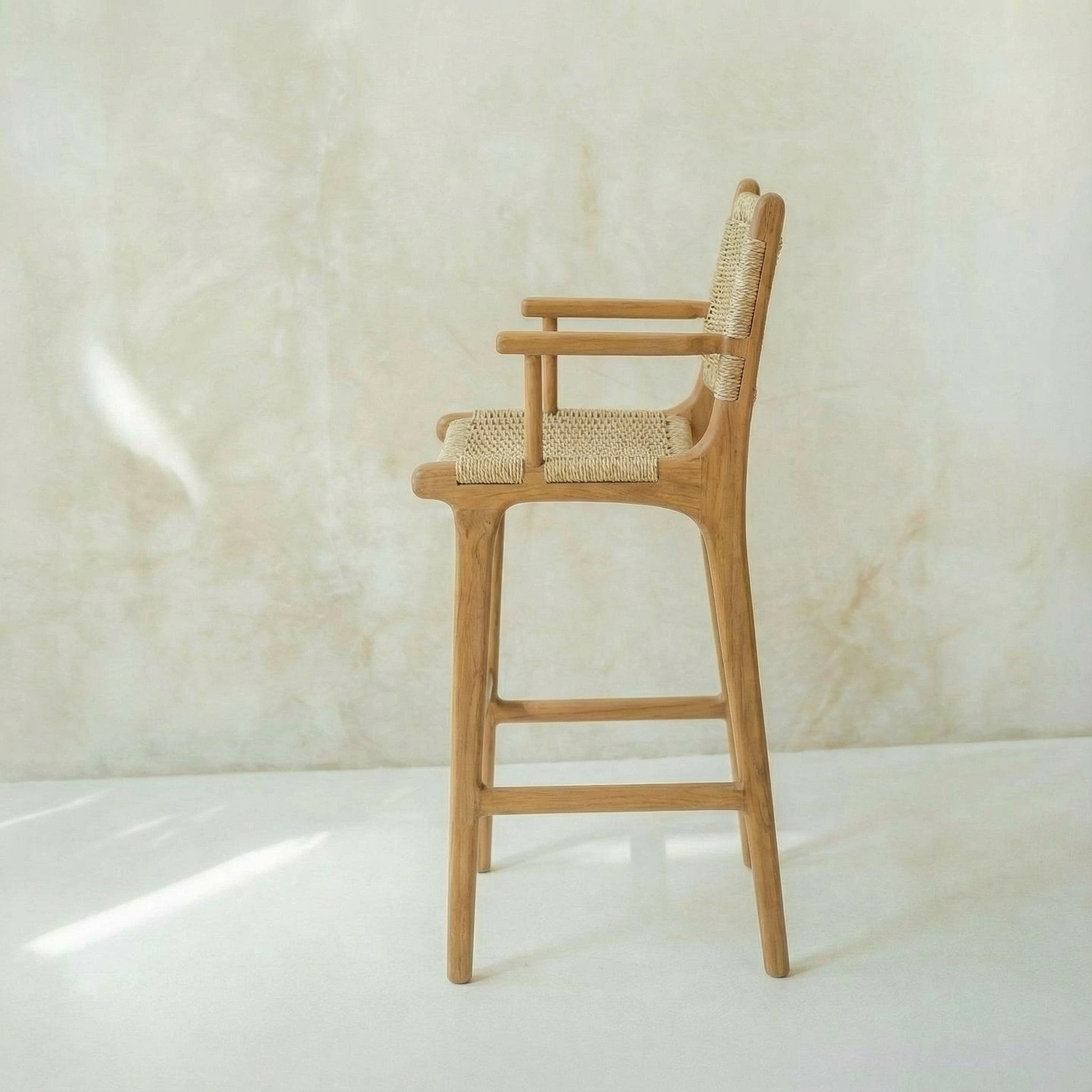 Zara Teak and Rattan Bar Stool With Armrest