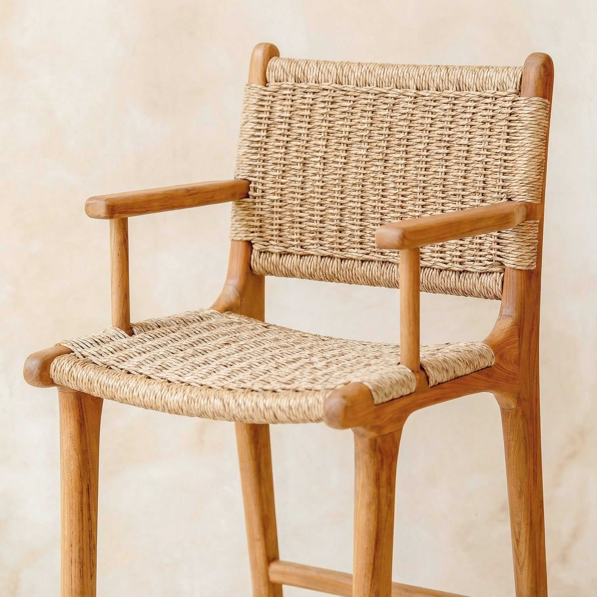 Zara Teak and Rattan Bar Stool With Armrest
