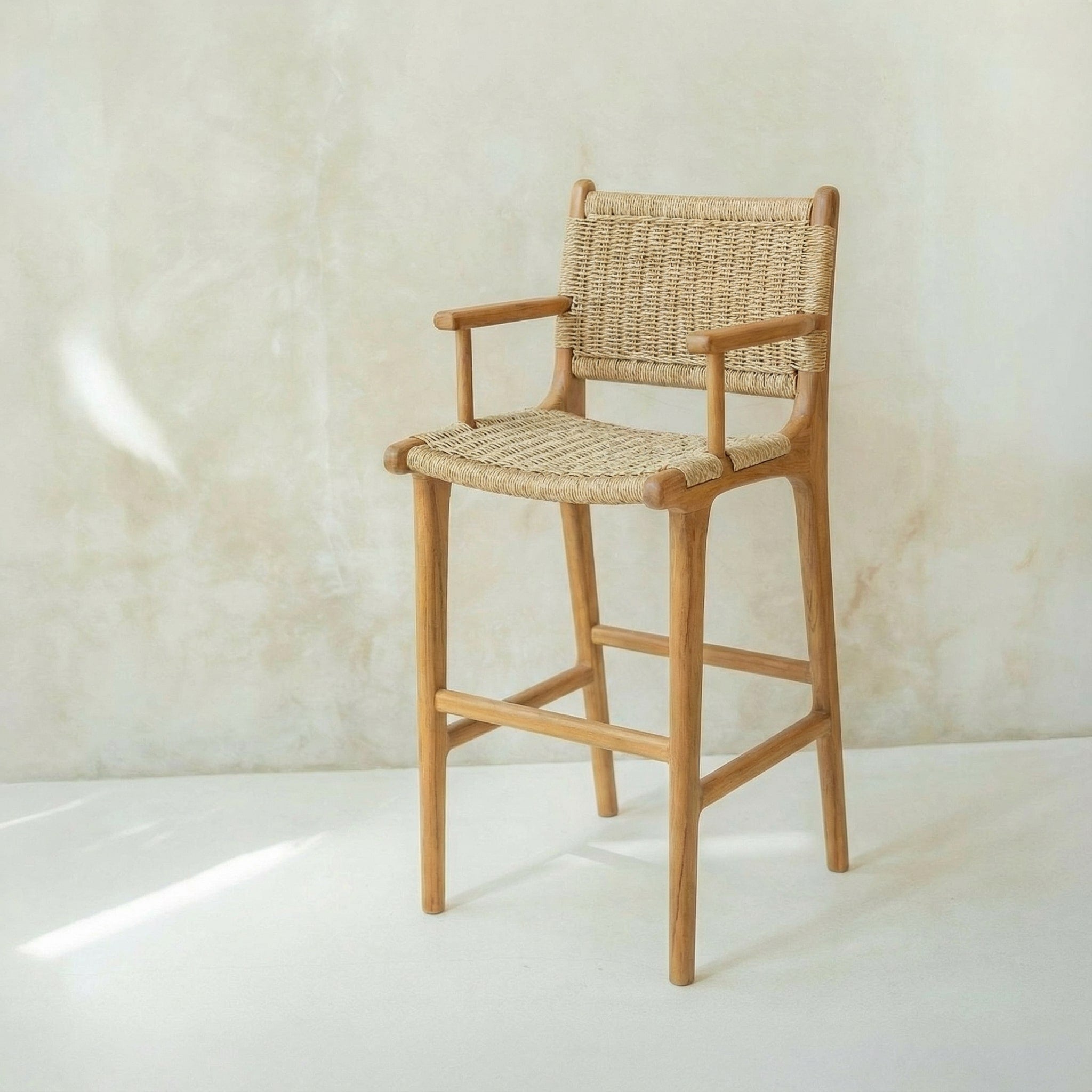 Zara Teak and Rattan Bar Stool With Armrest