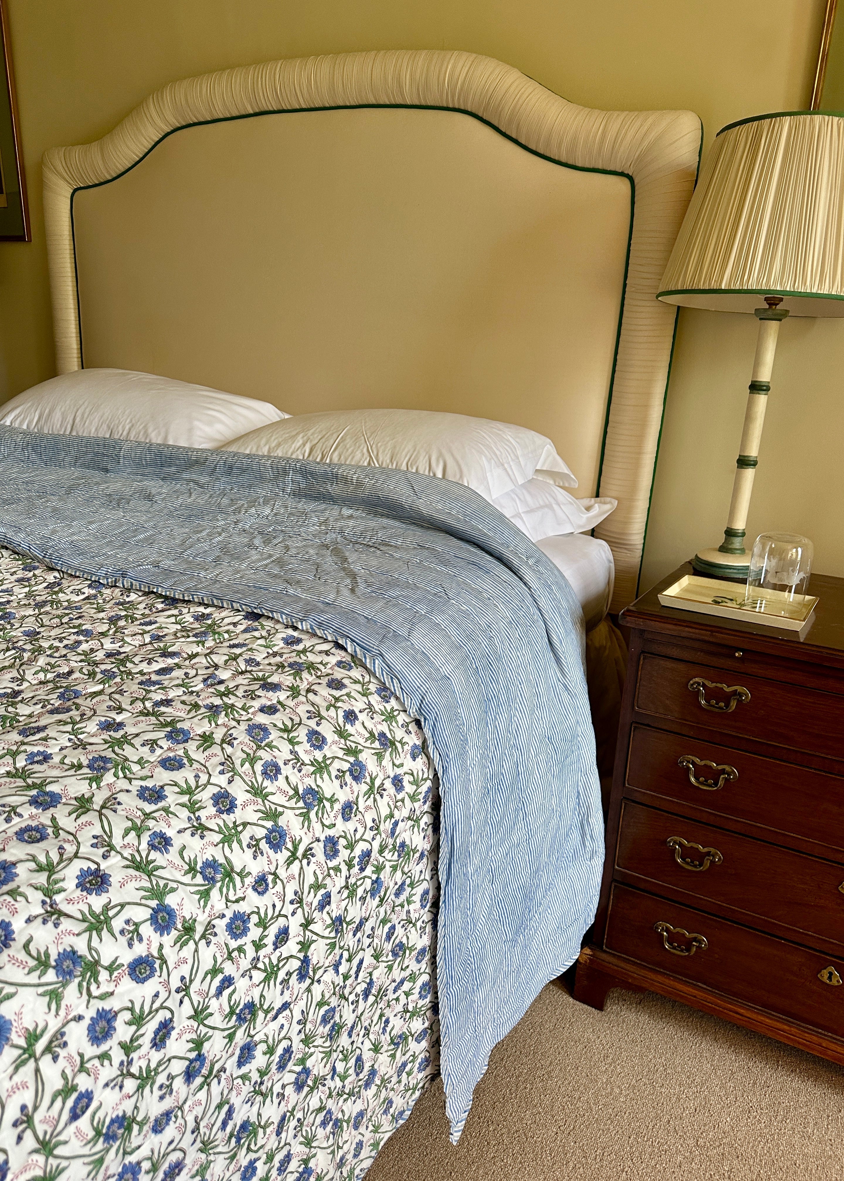 Blue Floral and Stripe Bed Quilt
