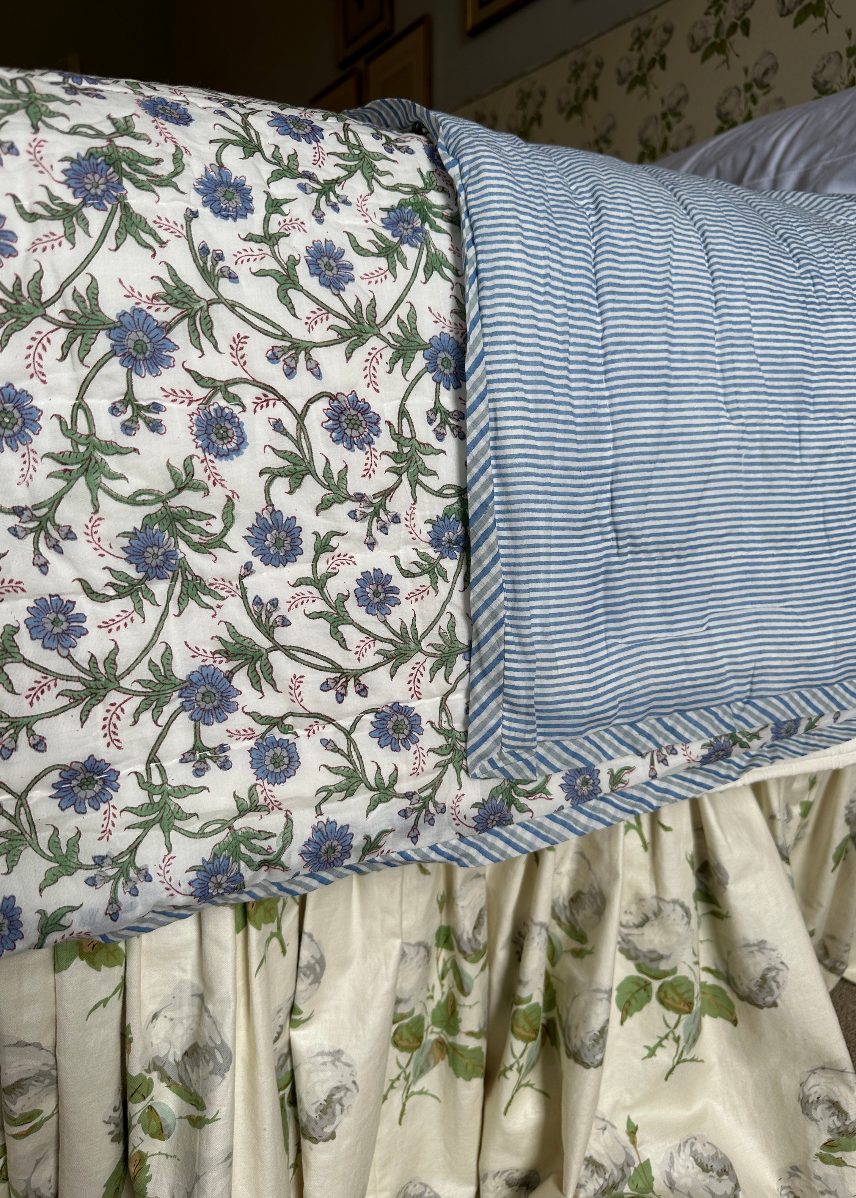 Blue Floral and Stripe Bed Quilt