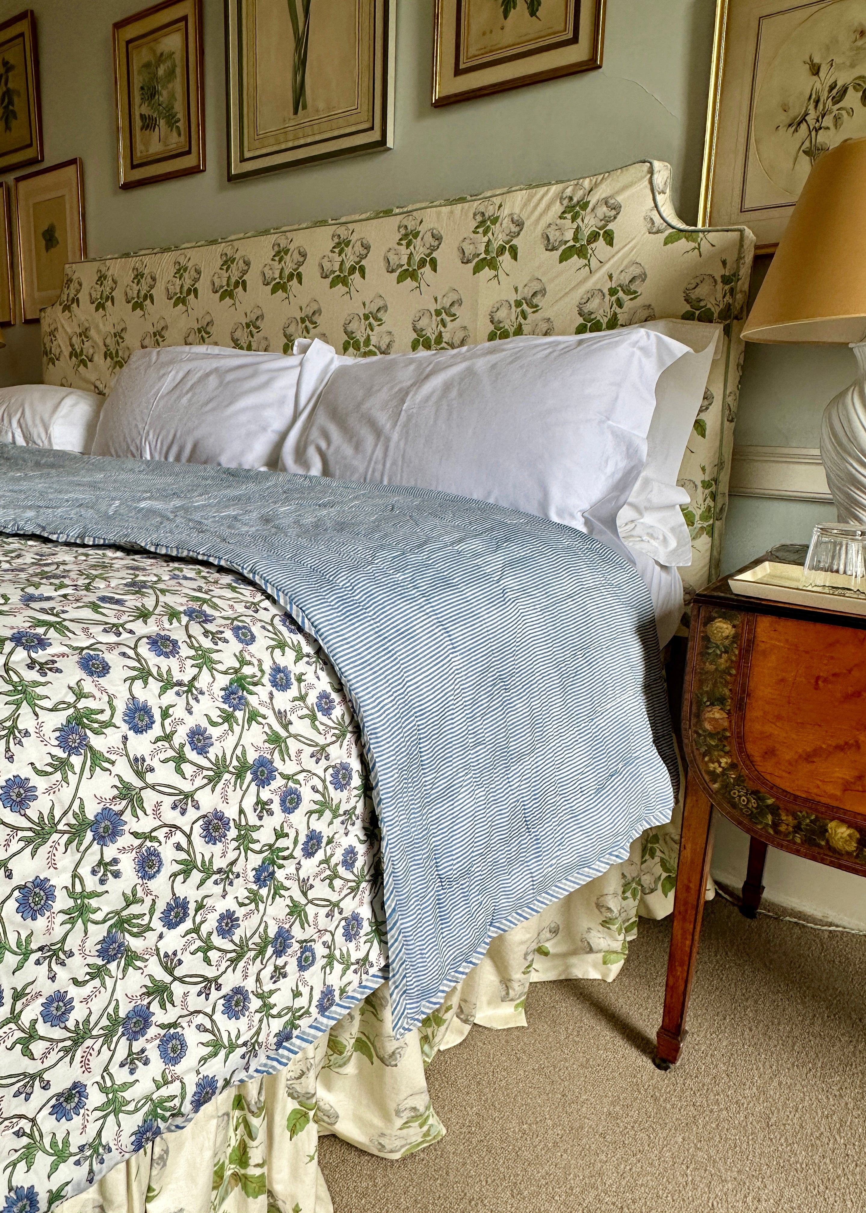 Blue Floral and Stripe Bed Quilt