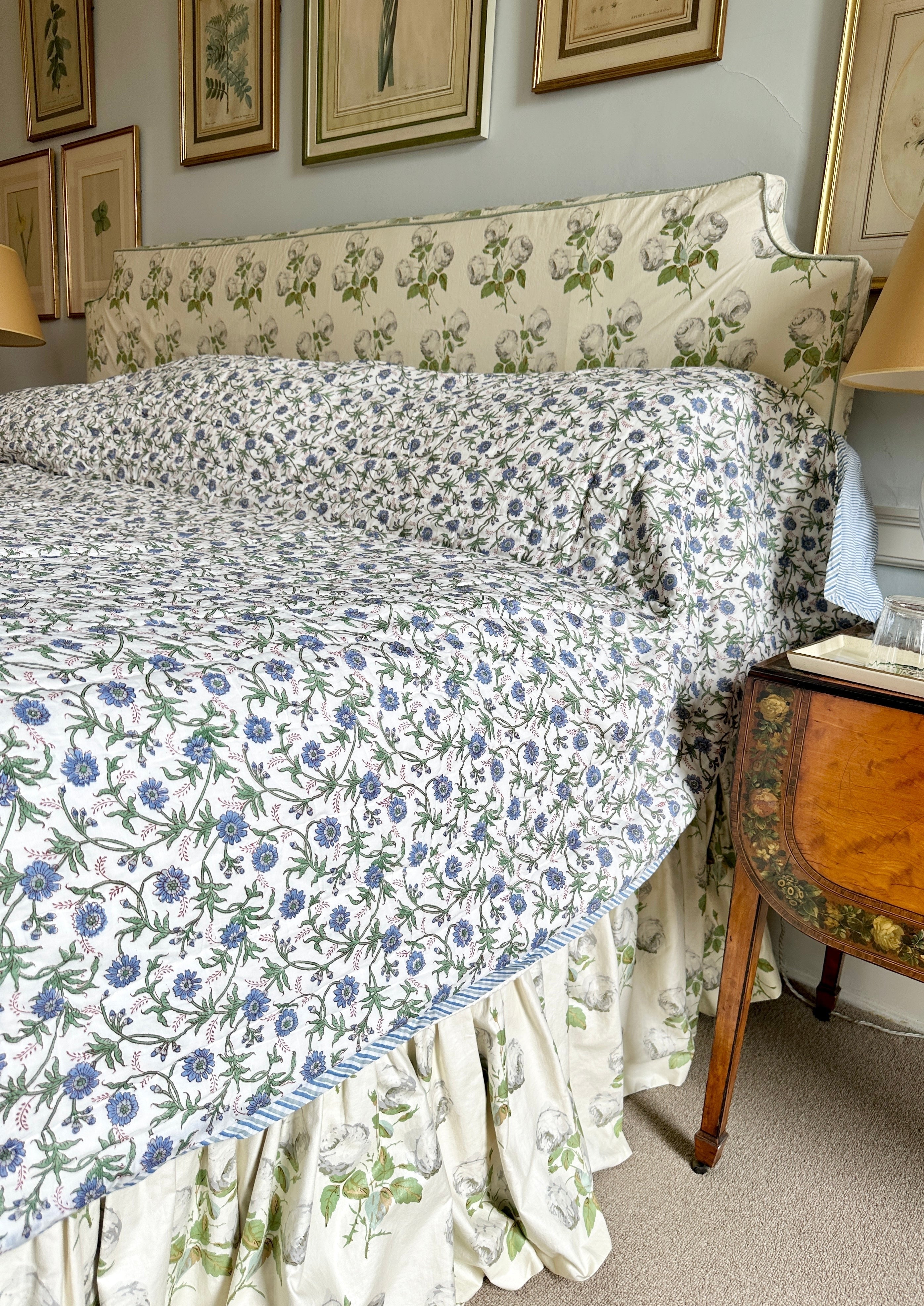 Blue Floral and Stripe Bed Quilt