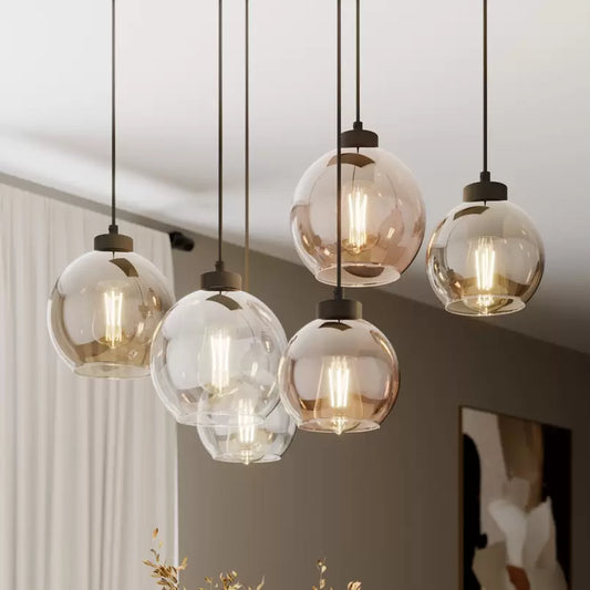 Modern Cubus 6-bulb pendant light with clear, honey, and brown glass shades