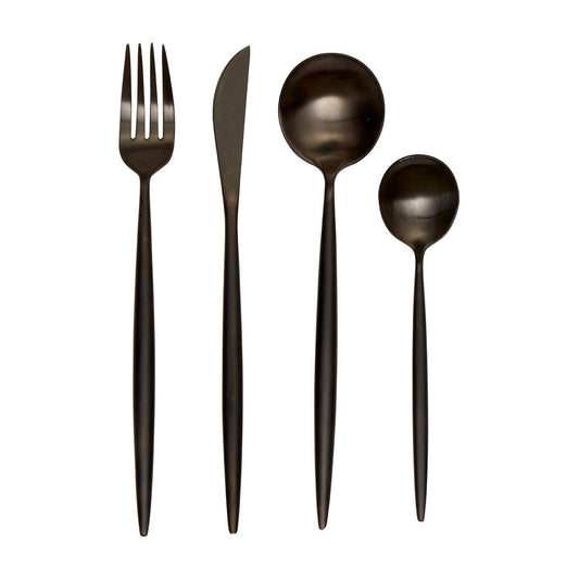 Matte Black Cutlery Set, a 16-piece stainless steel collection with a modern finish