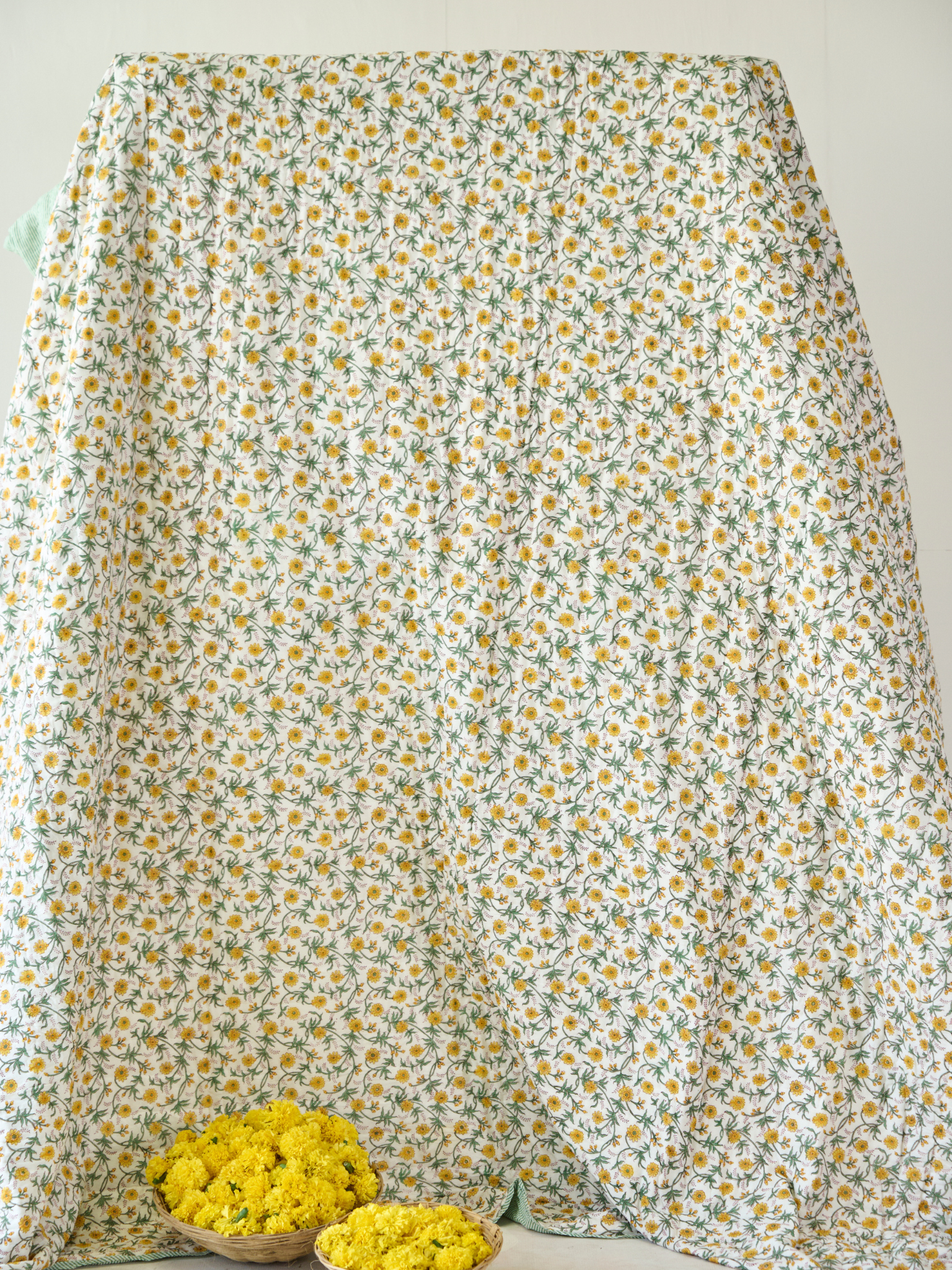 Yellow Floral and Stripe Quilt