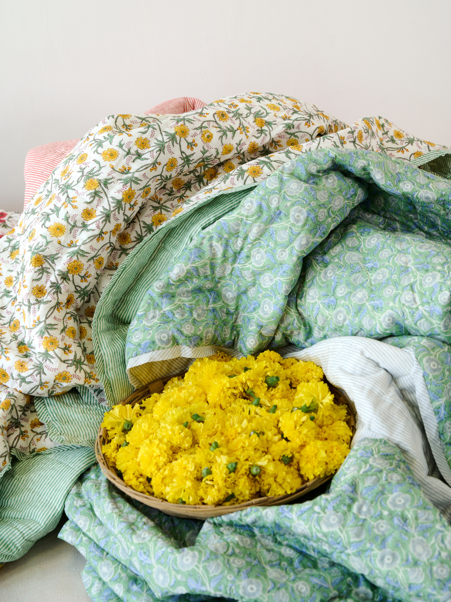 Green Floral and Stripe Bed Quilt