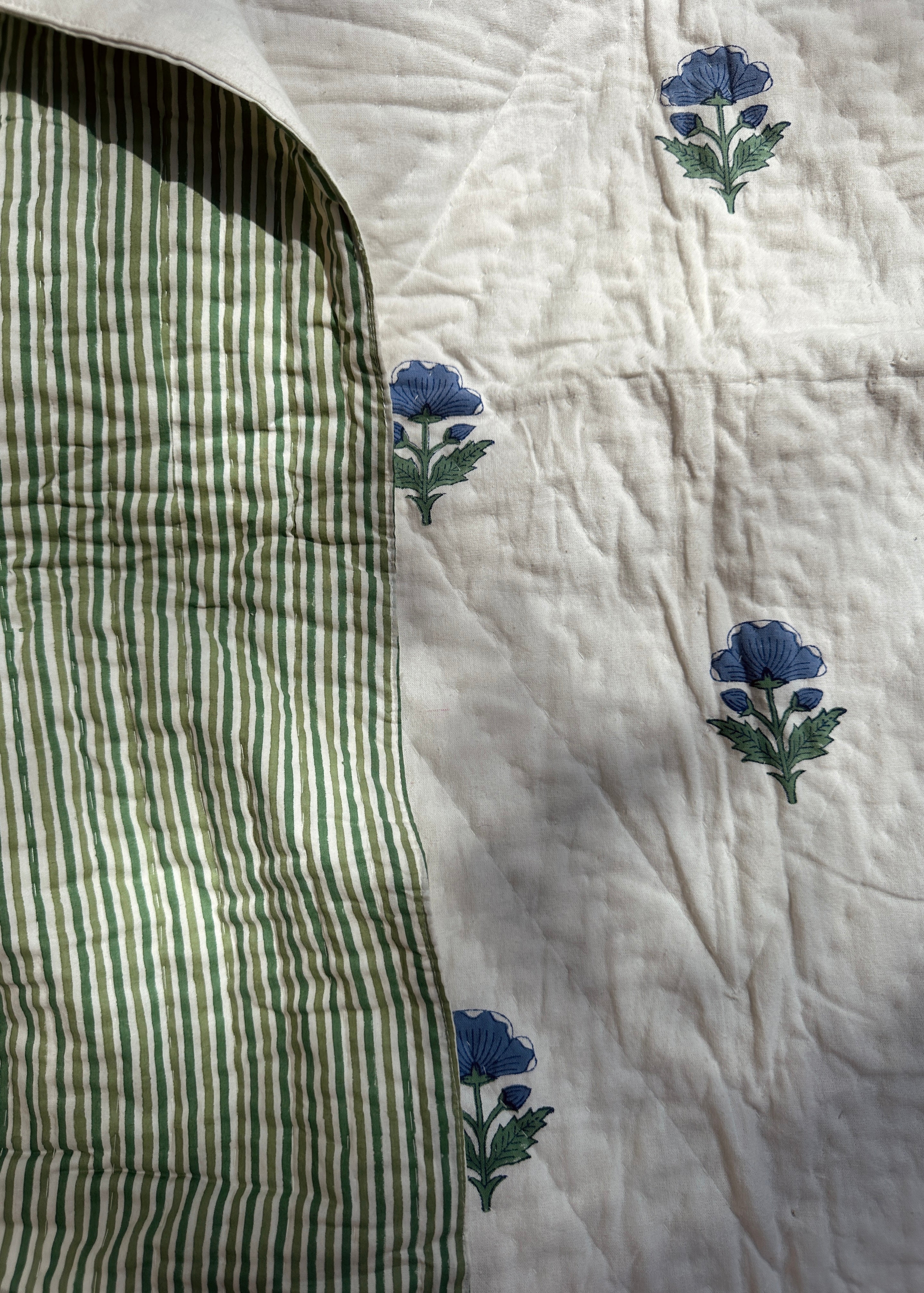 Blue Floral Pique Bed Quilt