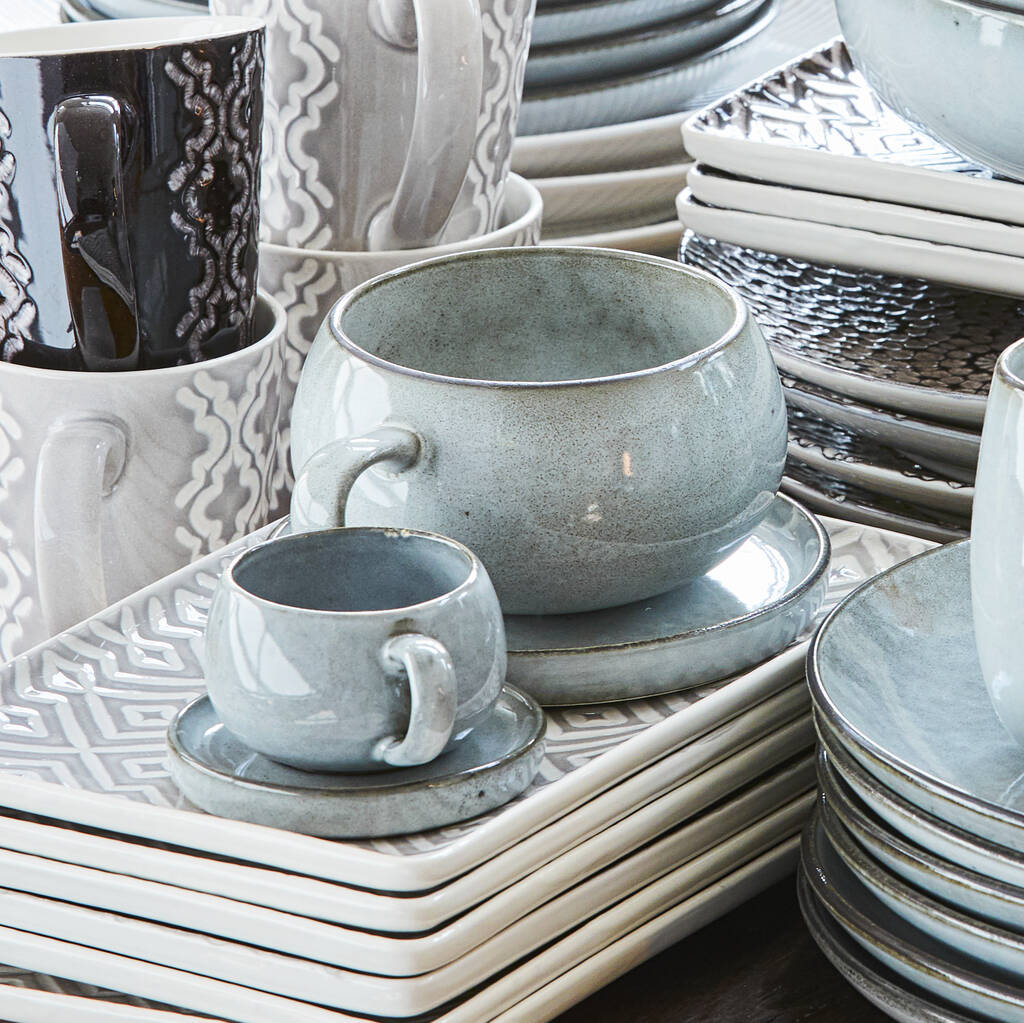 Two-tone grey glazed cup and saucer set, perfect for serving coffee, tea, or even soup
