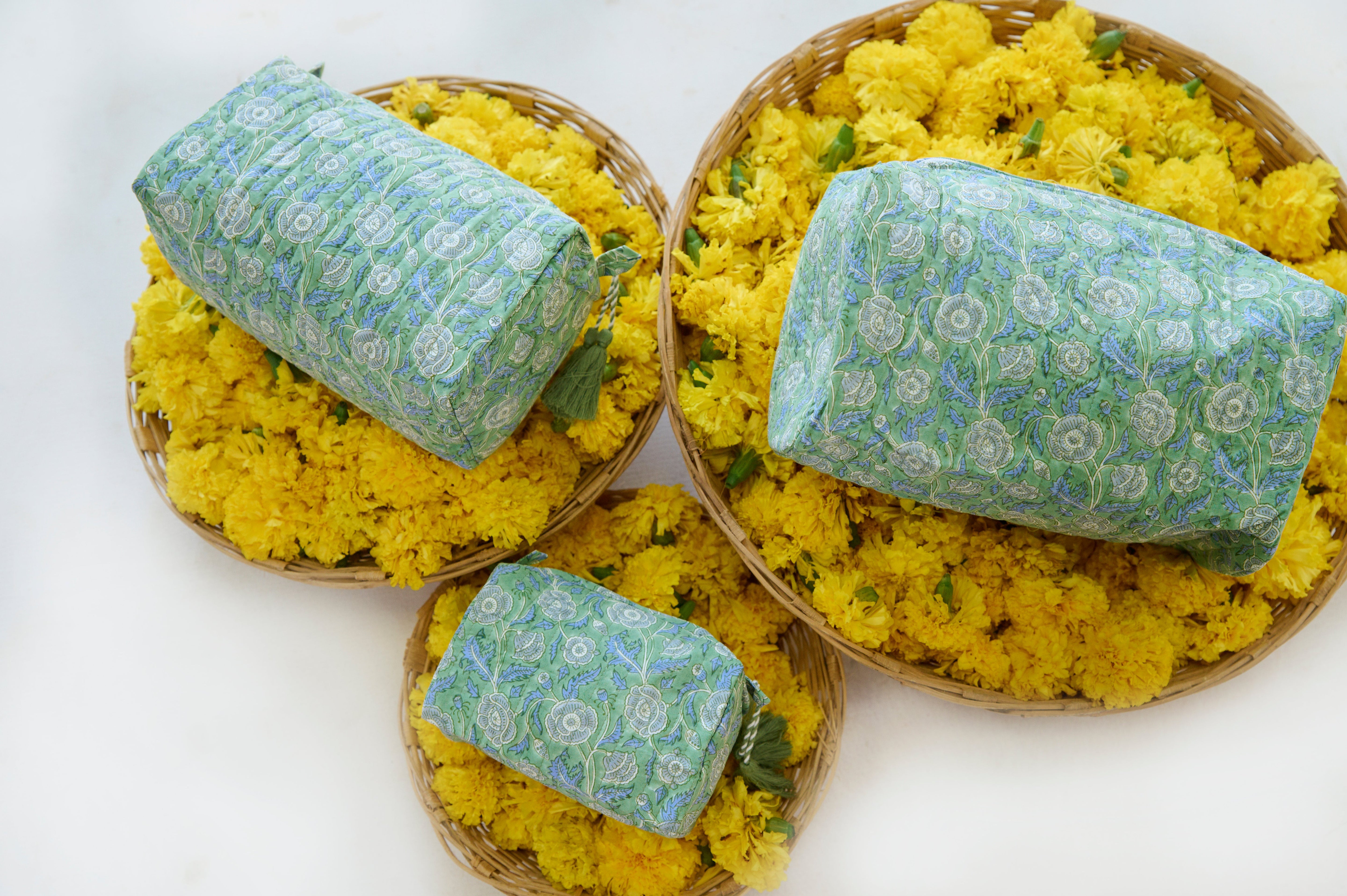 Green Floral Organic Cotton Wash Bag