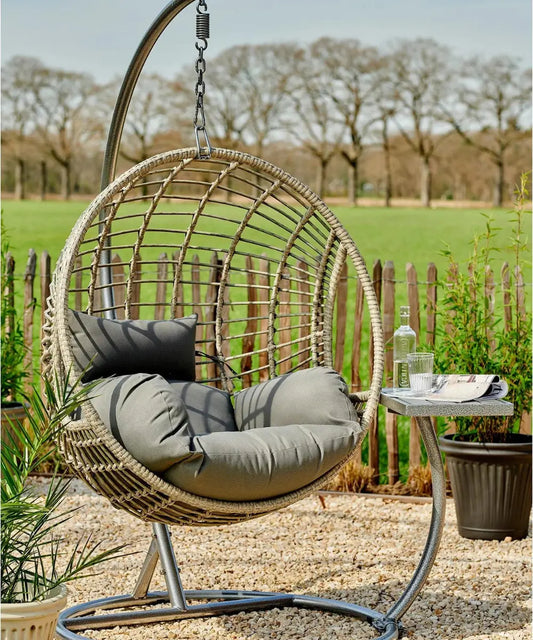 Stylish Outdoor Hanging Chair with Grey Wicker Weave for Modern and Rustic Spaces