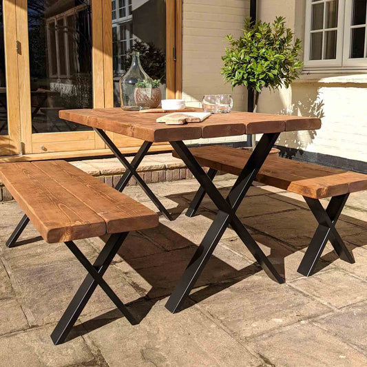 Rustic outdoor dining table set - x-frame